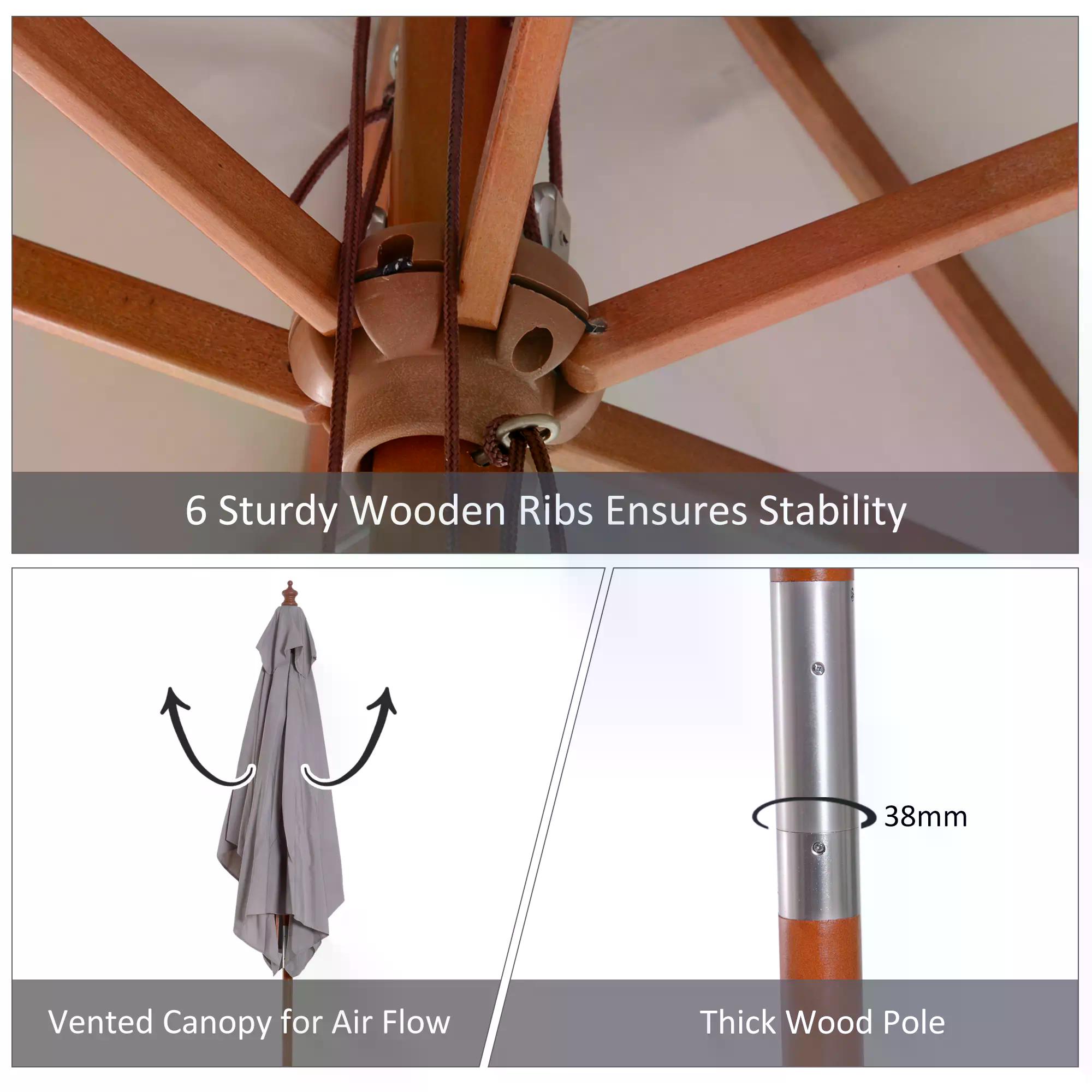 Outsunny 2m x 1.5m Patio Garden Parasol Sun Umbrella Sunshade Canopy Outdoor Backyard Furniture Fir Wooden Pole 6 Ribs Tilt Mechanism - Grey