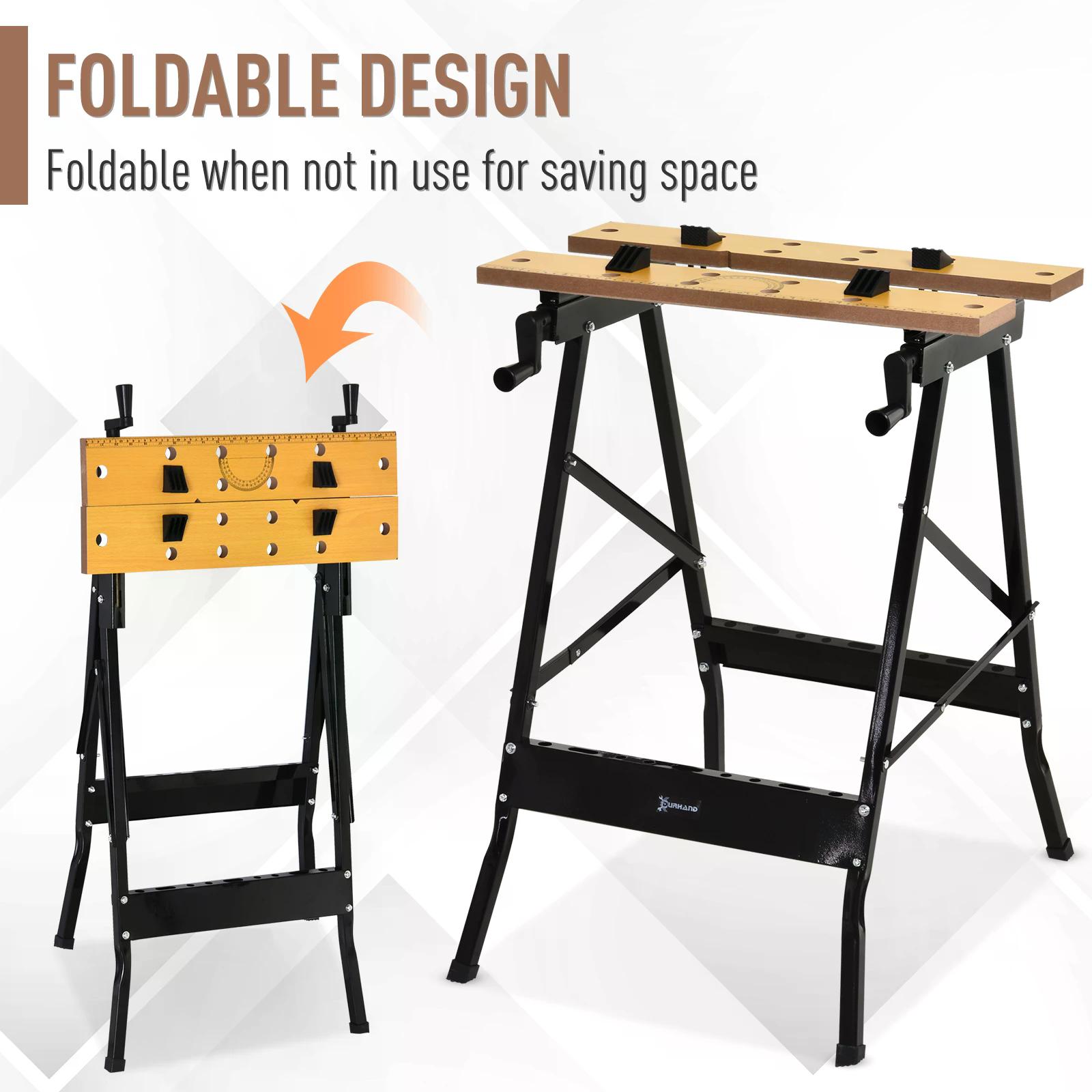 DURHAND Workbench 4-in-1, Sawhorse Folding Clamp Table with 4 Adjustable Clamping Pegs for DIY Projects, Home Garage, Black
