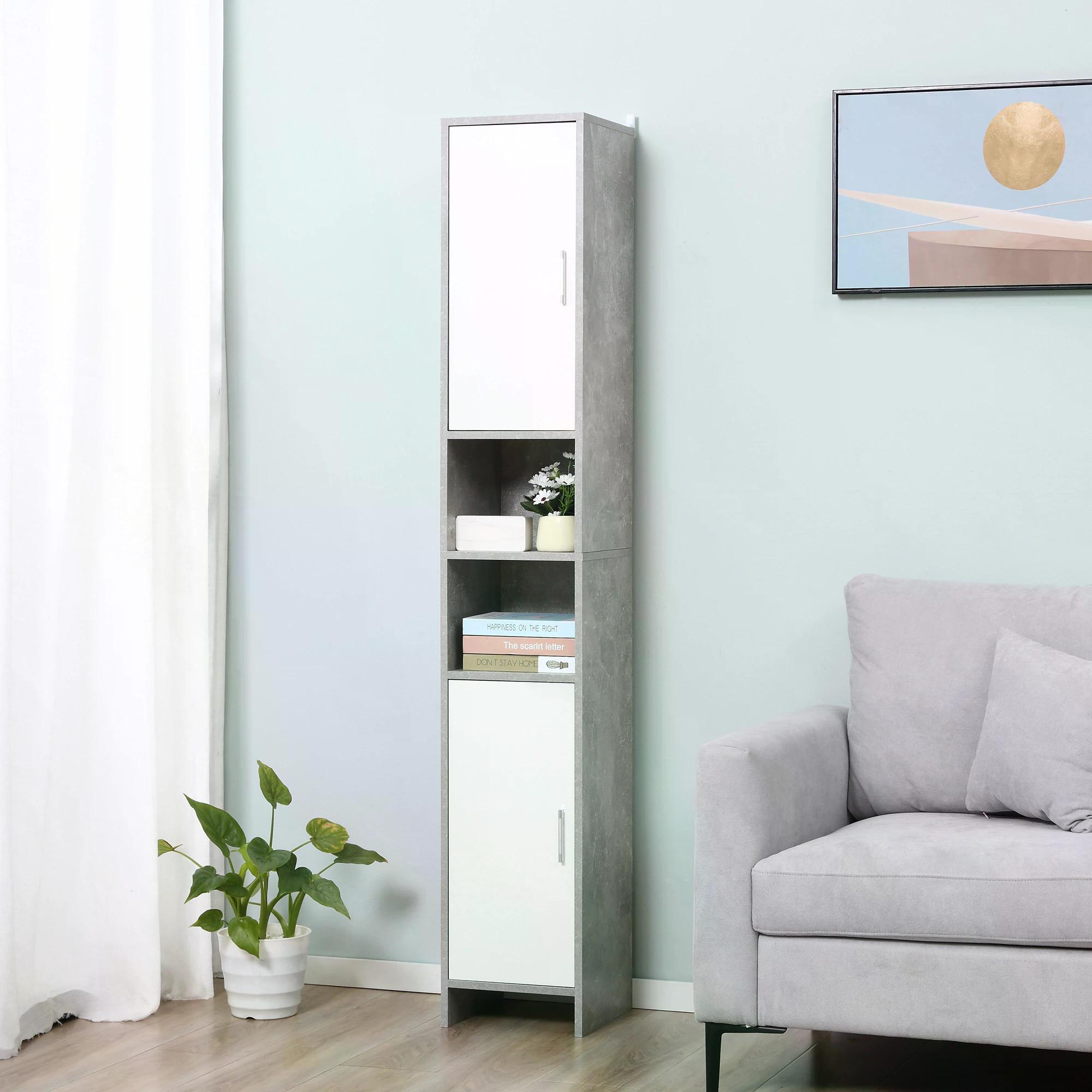 Kleankin Tall Free-Standing Bathroom Storage Cabinet, Slim Organizer with 2 Cupboards, 2 Open Compartments, Adjustable Shelves, Grey.