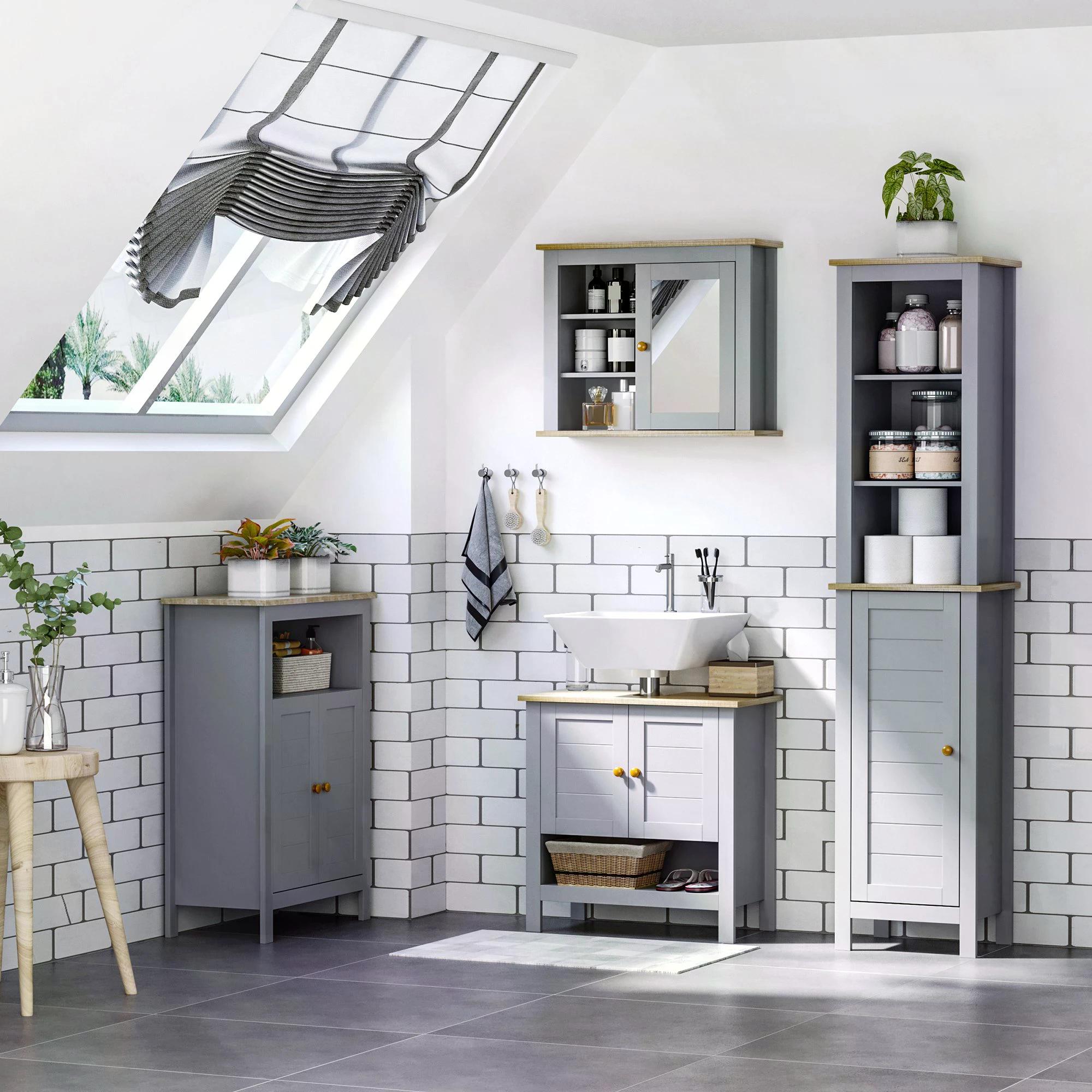 Kleankin Wall Mounted Mirror Cabinet, Bathroom Storage with Door, Adjustable Shelf, for Hallways, Living Areas, Grey