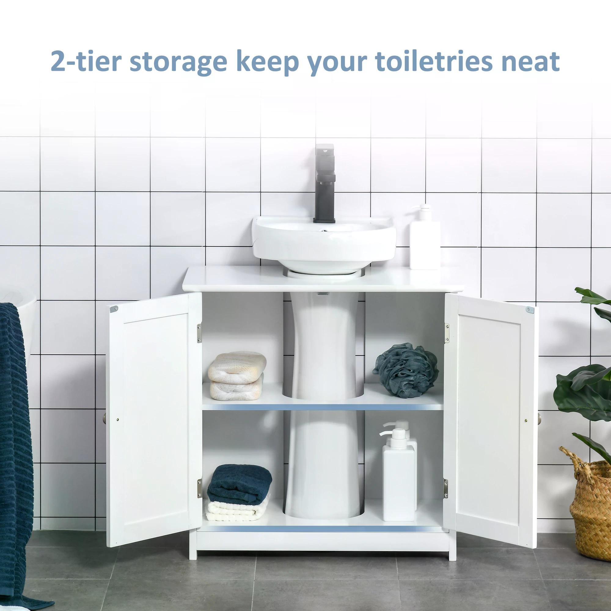 Kleankin Space-Efficient Under-Sink Storage, 60x60cm, Adjustable Shelf, Handles, Drain Hole, Bathroom Cabinet, White