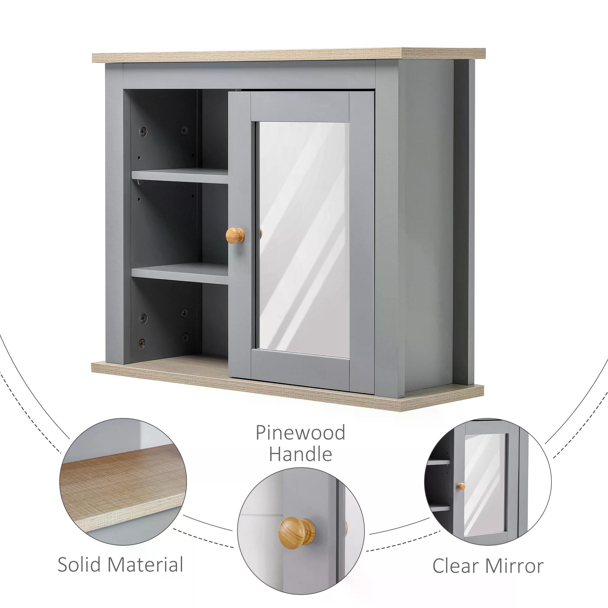 Kleankin Wall Mounted Mirror Cabinet, Bathroom Storage with Door, Adjustable Shelf, for Hallways, Living Areas, Grey