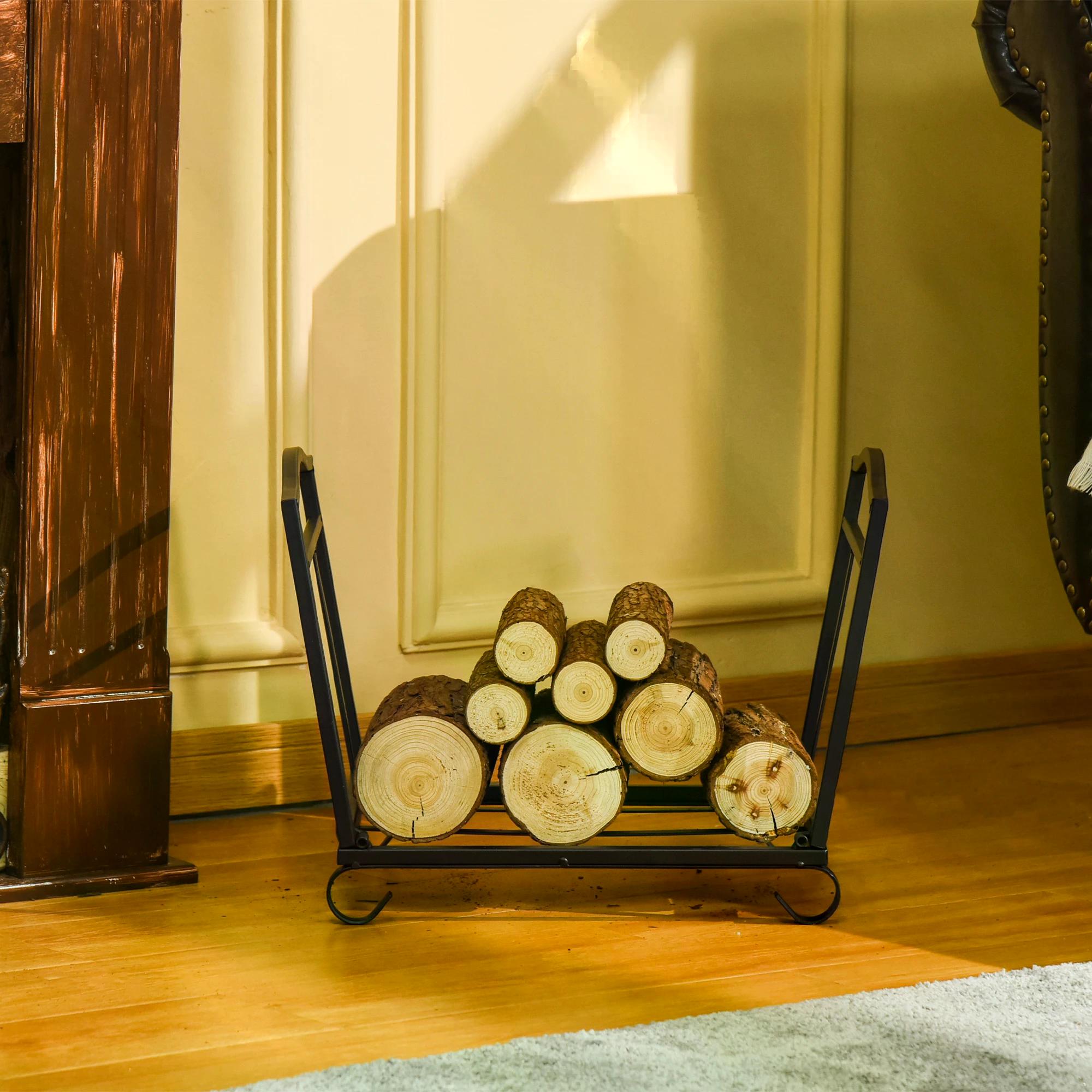 Outsunny Firewood Log Rack Fireplace Log Holder Wood Storage Rack with Scrolls, Foldable Design, for Outdoor and Indoor Use, 48 x 34 x 37cm, Black