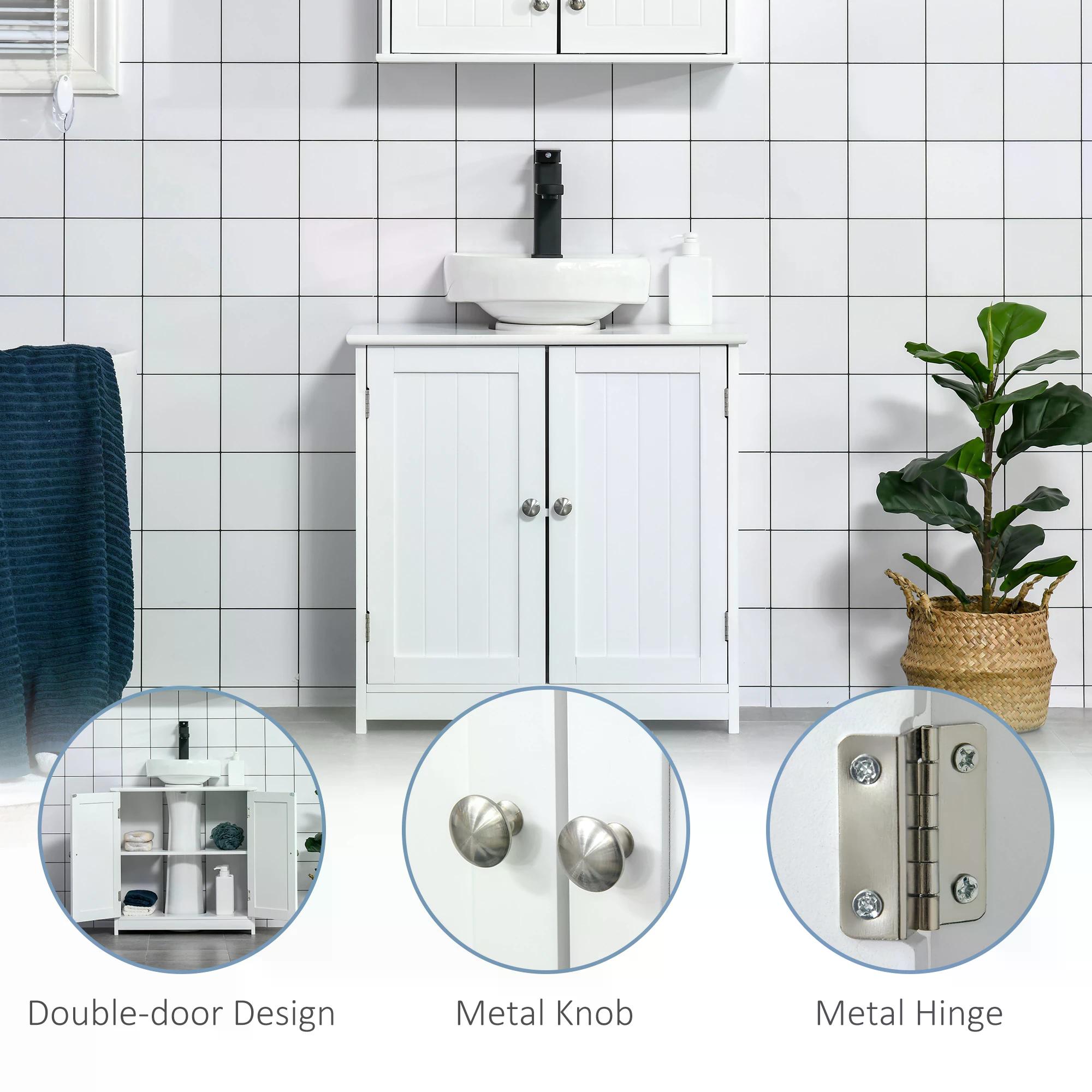 Kleankin Space-Efficient Under-Sink Storage, 60x60cm, Adjustable Shelf, Handles, Drain Hole, Bathroom Cabinet, White