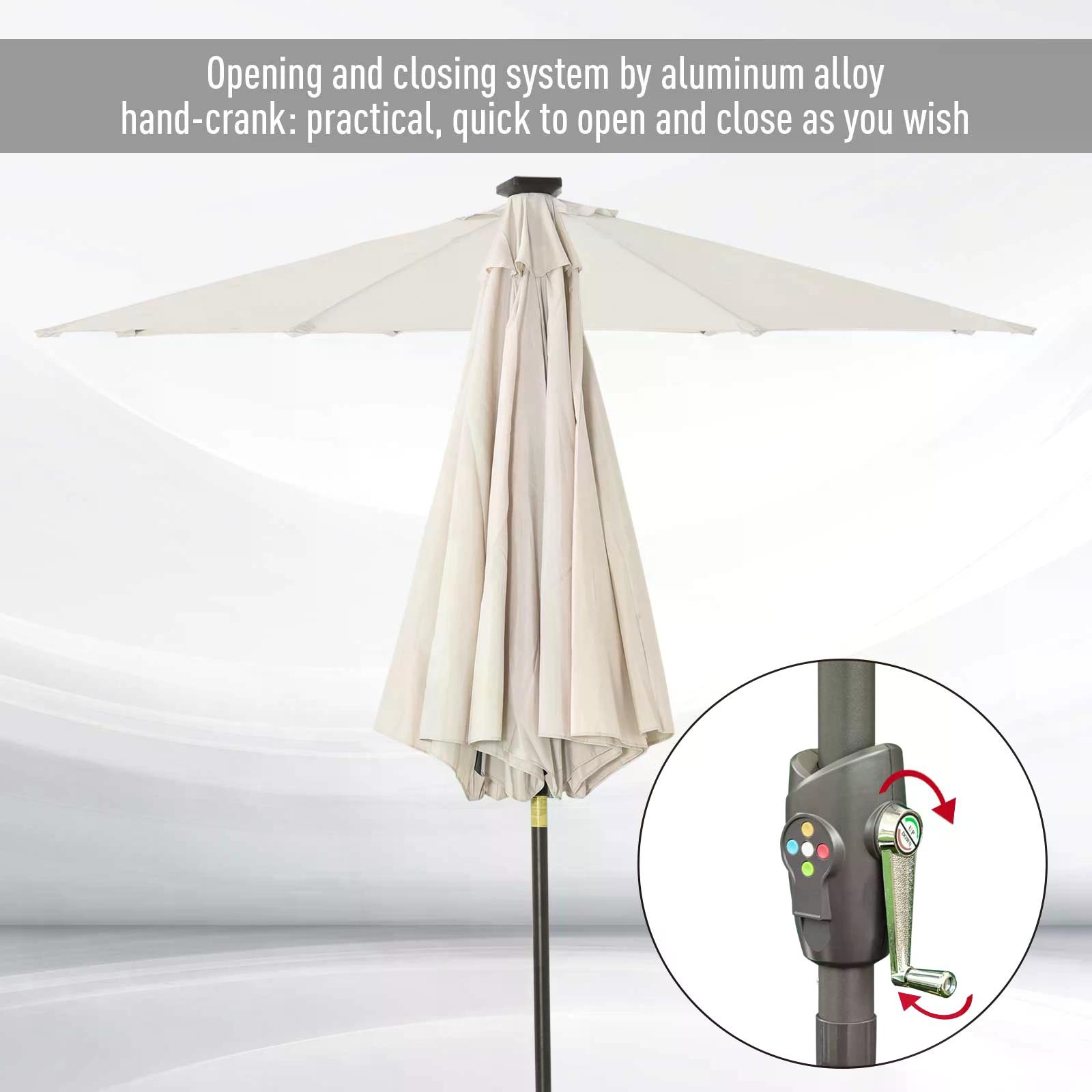 Outsunny Garden 24 LED Light Parasol Outdoor Tilt Sun Umbrella Patio Club Party Event Manual Sun Shade w/ Hand Crank Off-white
