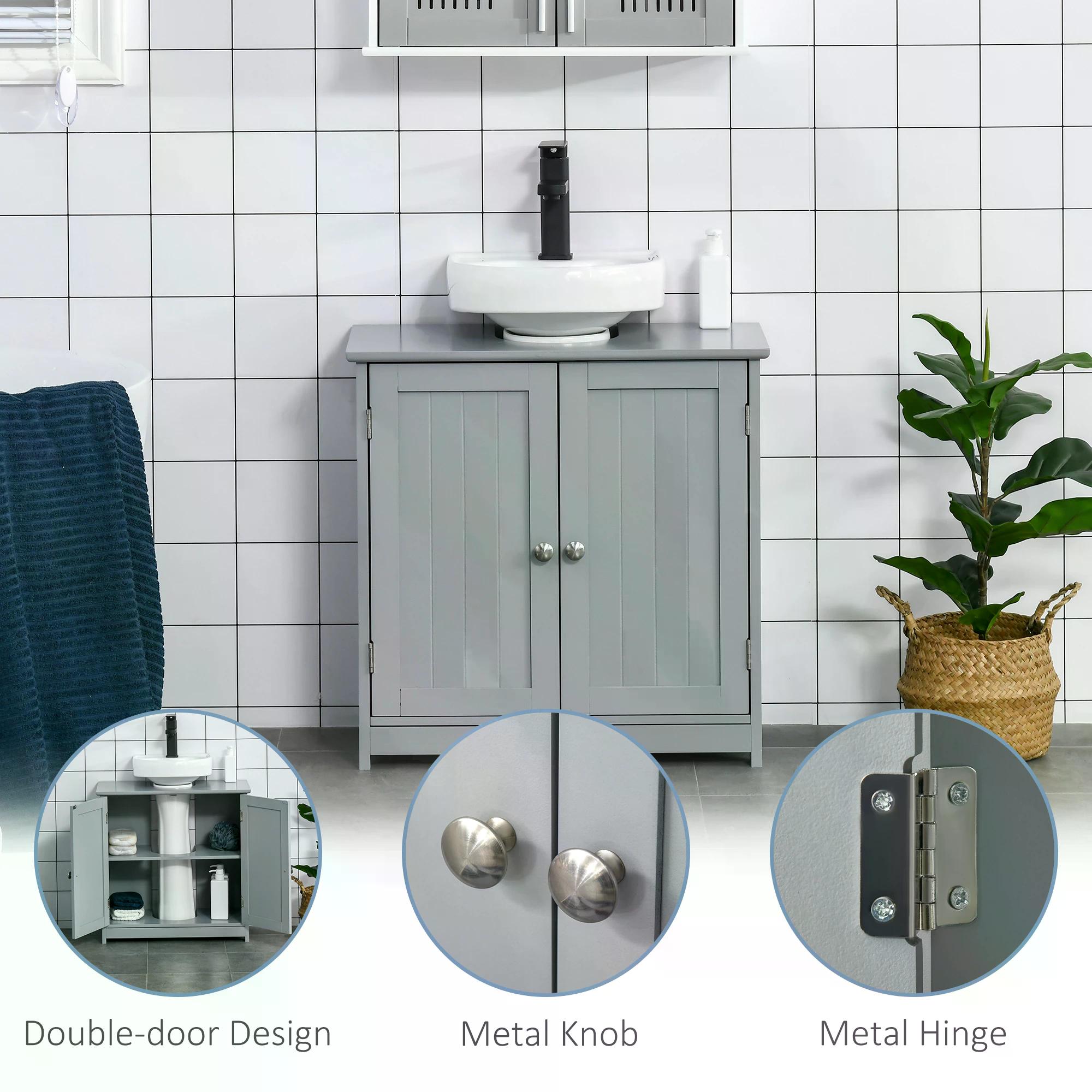 Kleankin Compact Under-Sink Cabinet, 60x60cm, with Adjustable Shelf, Handles, Drainage, Space-Saving Bathroom Organizer, Grey
