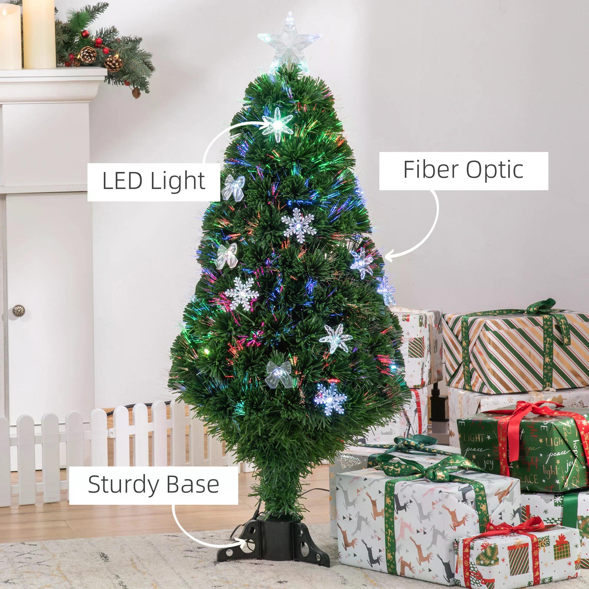 HOMCOM 4FT Pre Lit Christmas Tree Artificial Tree Fiber Optic LED Light Holiday Home Xmas Decoration Tree with Foldable Feet, Green