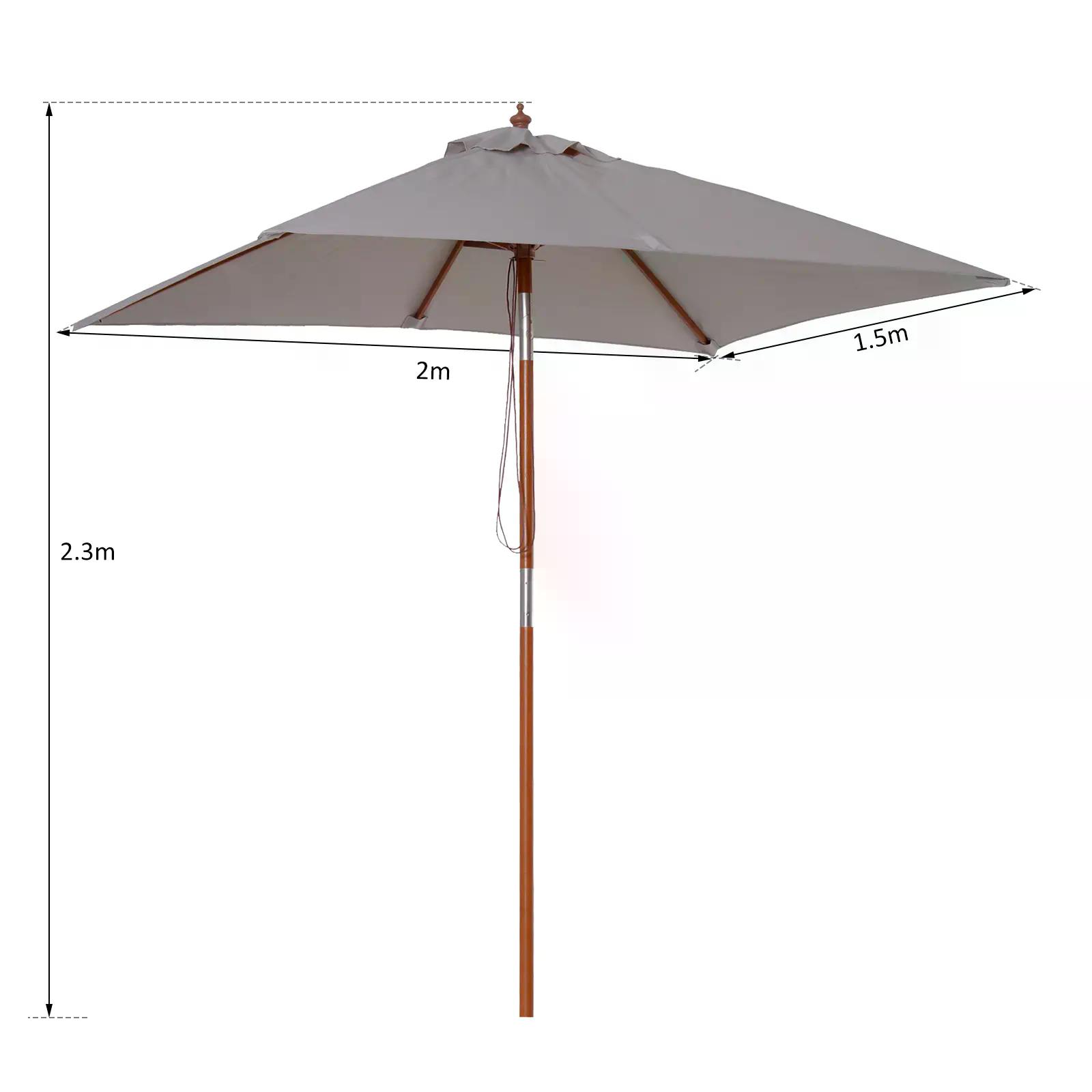 Outsunny 2m x 1.5m Patio Garden Parasol Sun Umbrella Sunshade Canopy Outdoor Backyard Furniture Fir Wooden Pole 6 Ribs Tilt Mechanism - Grey