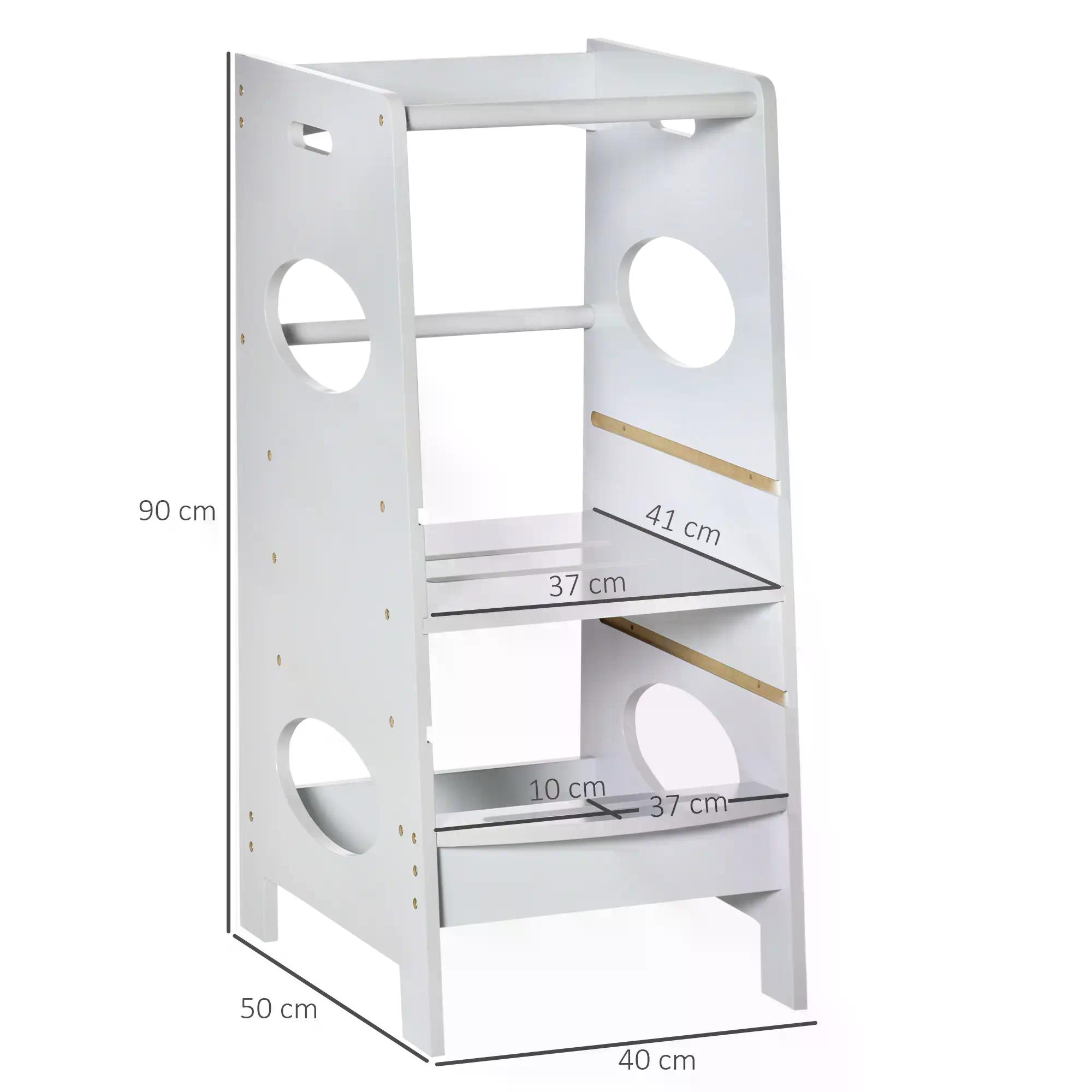 HOMCOM Toddler Step Stool Kids Adjustable Standing Tower with Safety Rail for Kitchen Counter Grey