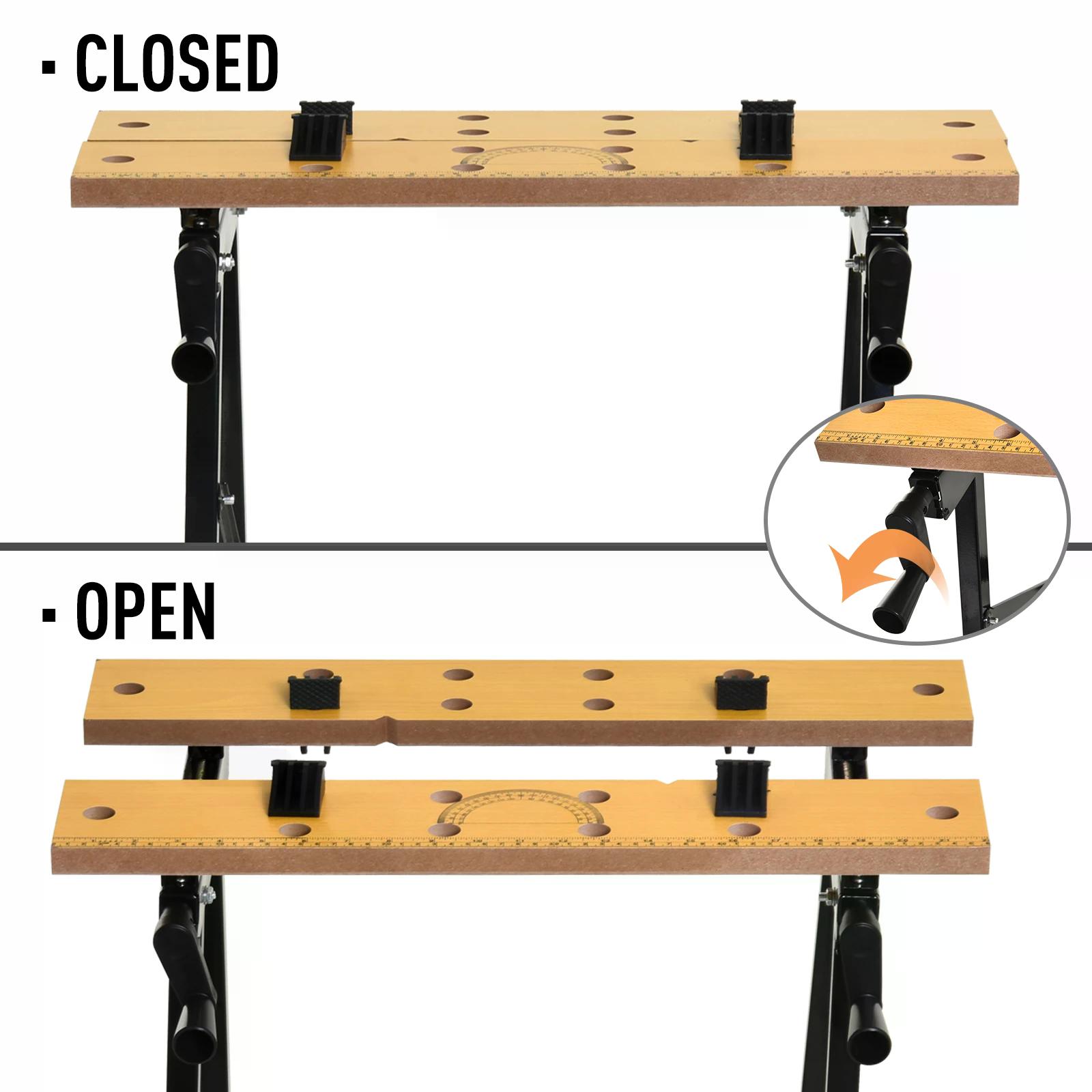 DURHAND Workbench 4-in-1, Sawhorse Folding Clamp Table with 4 Adjustable Clamping Pegs for DIY Projects, Home Garage, Black