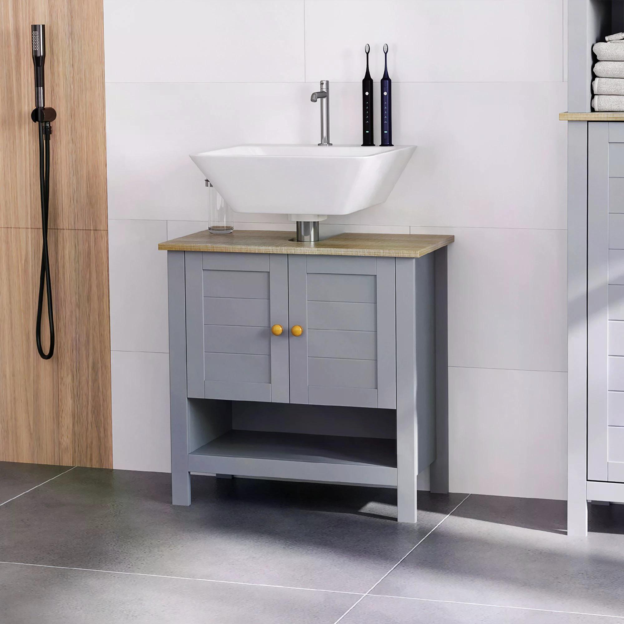 Kleankin Bathroom Vanity Unit Under Sink Cabinet, Pedestal Design, Storage Cupboard with Adjustable Shelf, Grey.