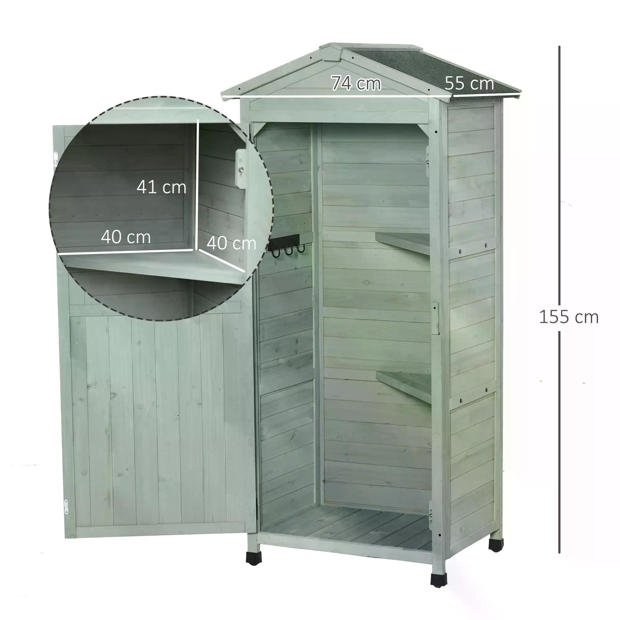 Outsunny Wooden Garden Cabinet 3-Tier Storage Shed 2 Shelves Lockable Organizer with Hooks Foot Pad 74 x 55 x 155cm Green