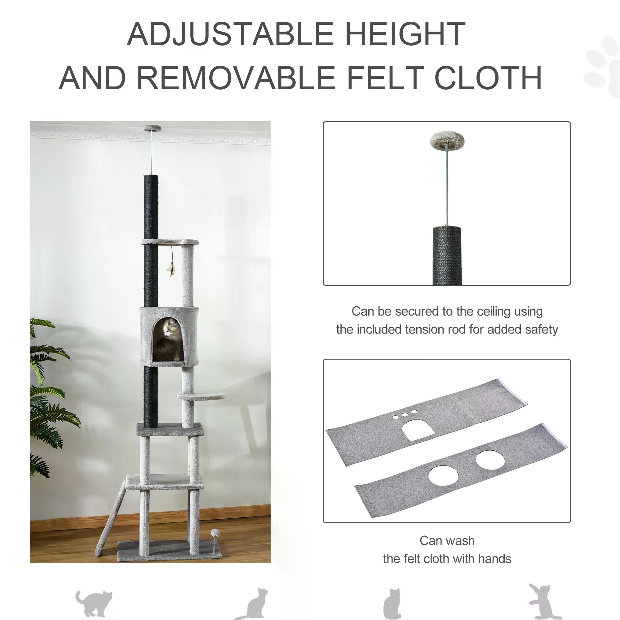 PawHut Cat Climbing Tree 255cm Adjustable Kitty Activity Centre Floor-to-Ceiling Climber with Double Condo, Play Rest Post, Light Grey