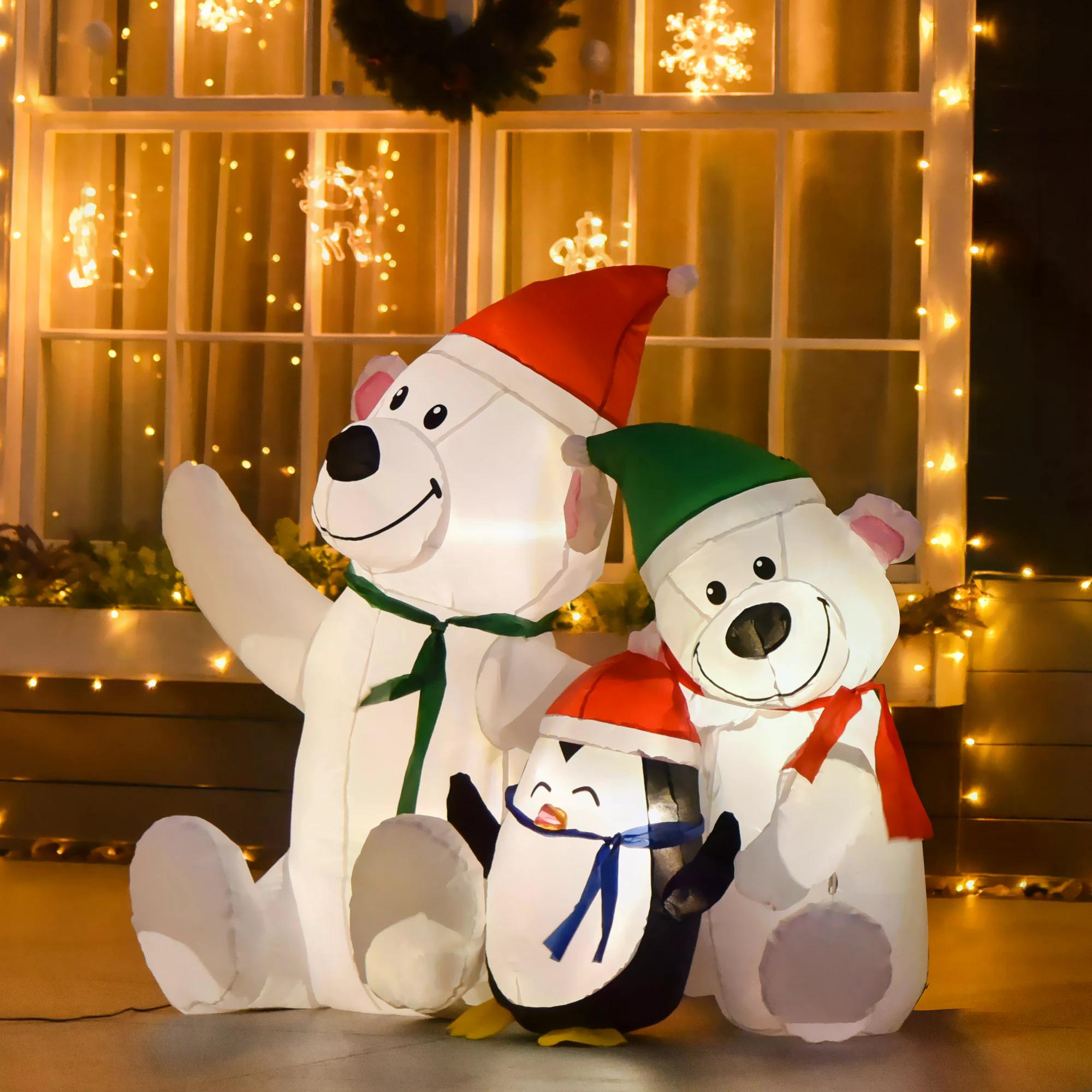 HOMCOM 1.1m Christmas Inflatable Decoration with Two Bears and Penguin Light Up Outdoor Blow Up Decorations Xmas Decor for Holiday Party Garden