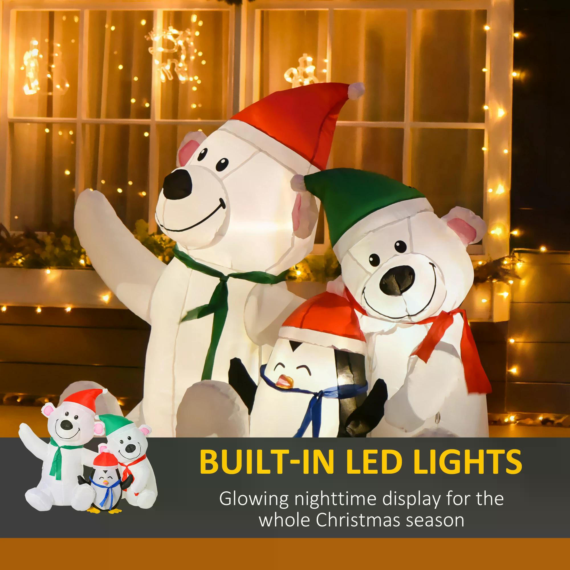 HOMCOM 1.1m Christmas Inflatable Decoration with Two Bears and Penguin Light Up Outdoor Blow Up Decorations Xmas Decor for Holiday Party Garden
