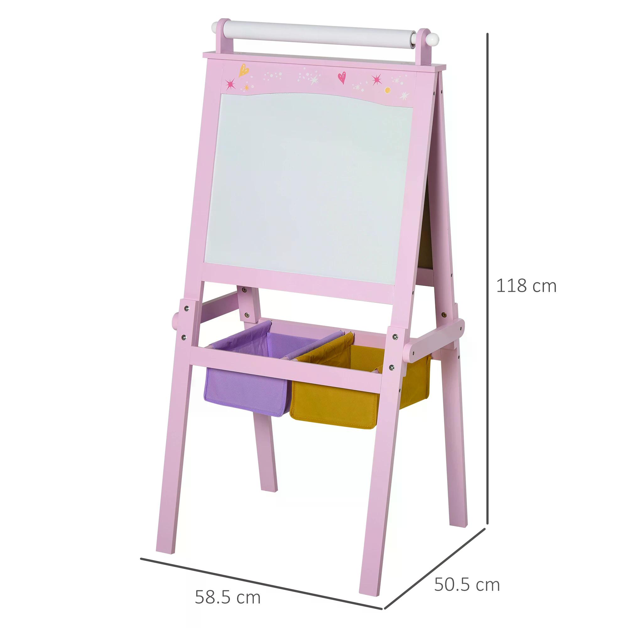 HOMCOM 3 In 1 Kids Wooden Art Easel with Paper Roll Double-Sided Chalkboard & Whiteboard with Storage Baskets Gift for Toddler Girl Age 3 Years+ Pink