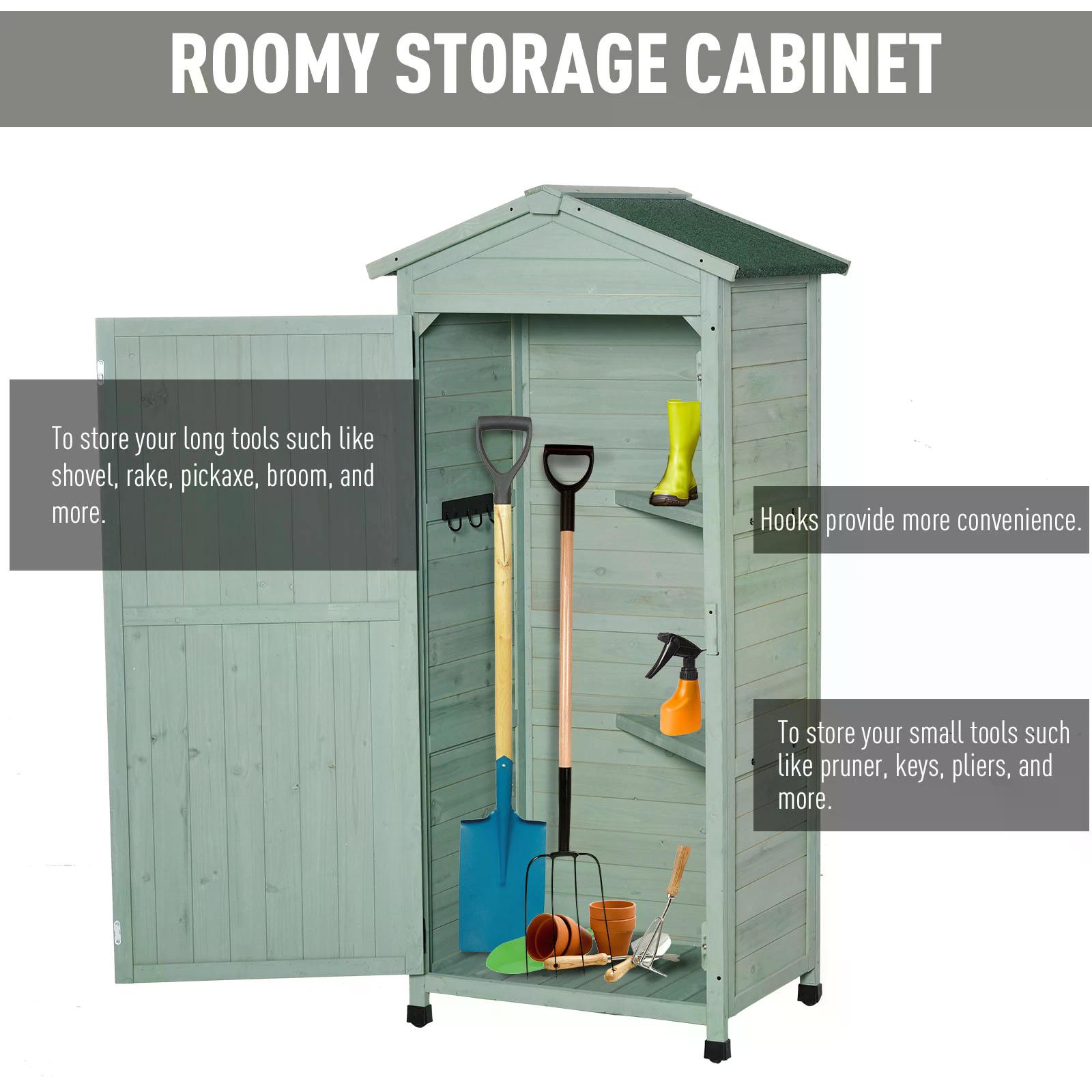 Outsunny Wooden Garden Cabinet 3-Tier Storage Shed 2 Shelves Lockable Organizer with Hooks Foot Pad 74 x 55 x 155cm Green