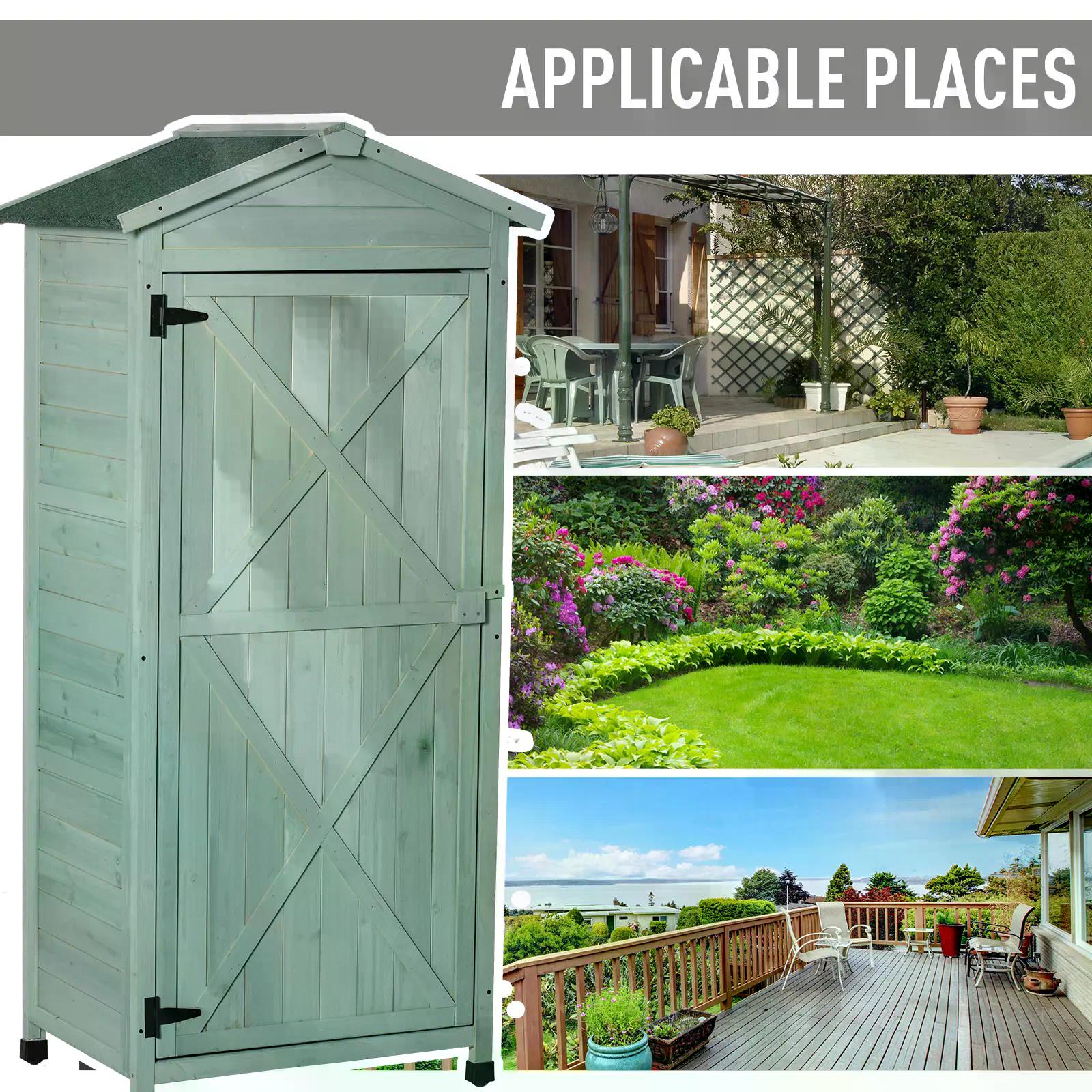 Outsunny Wooden Garden Cabinet 3-Tier Storage Shed 2 Shelves Lockable Organizer with Hooks Foot Pad 74 x 55 x 155cm Green