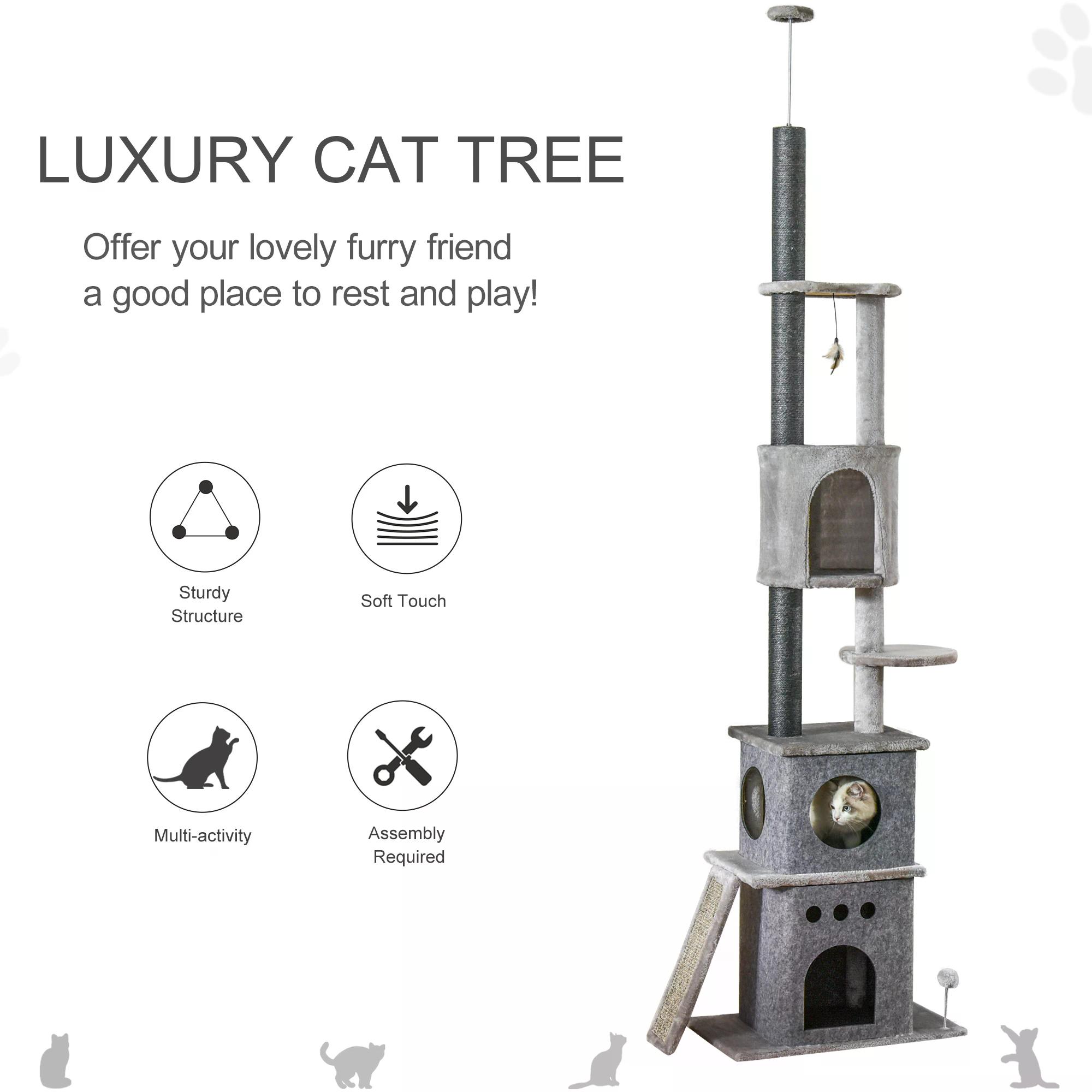 PawHut Cat Climbing Tree 255cm Adjustable Kitty Activity Centre Floor-to-Ceiling Climber with Double Condo, Play Rest Post, Light Grey