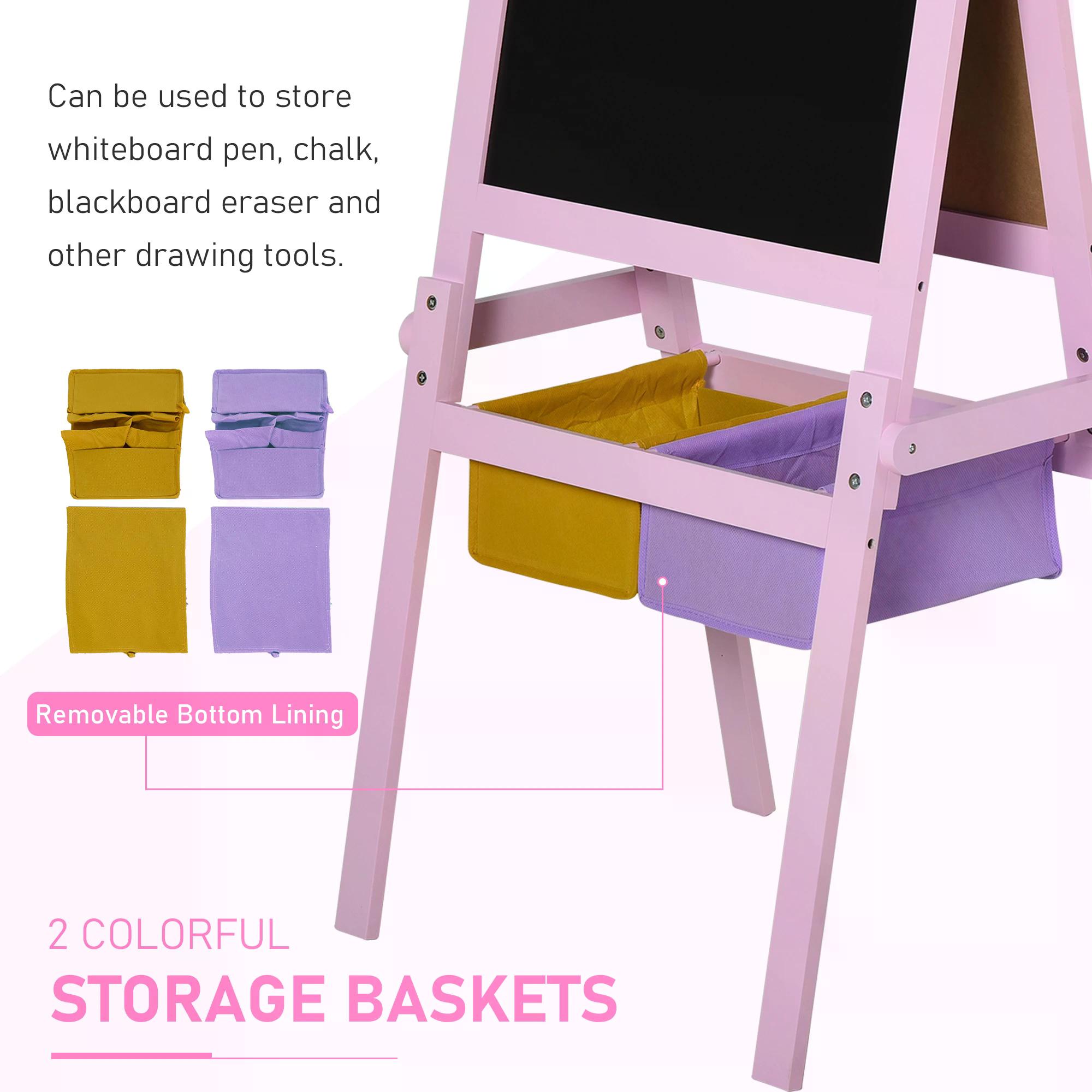 HOMCOM 3 In 1 Kids Wooden Art Easel with Paper Roll Double-Sided Chalkboard & Whiteboard with Storage Baskets Gift for Toddler Girl Age 3 Years+ Pink