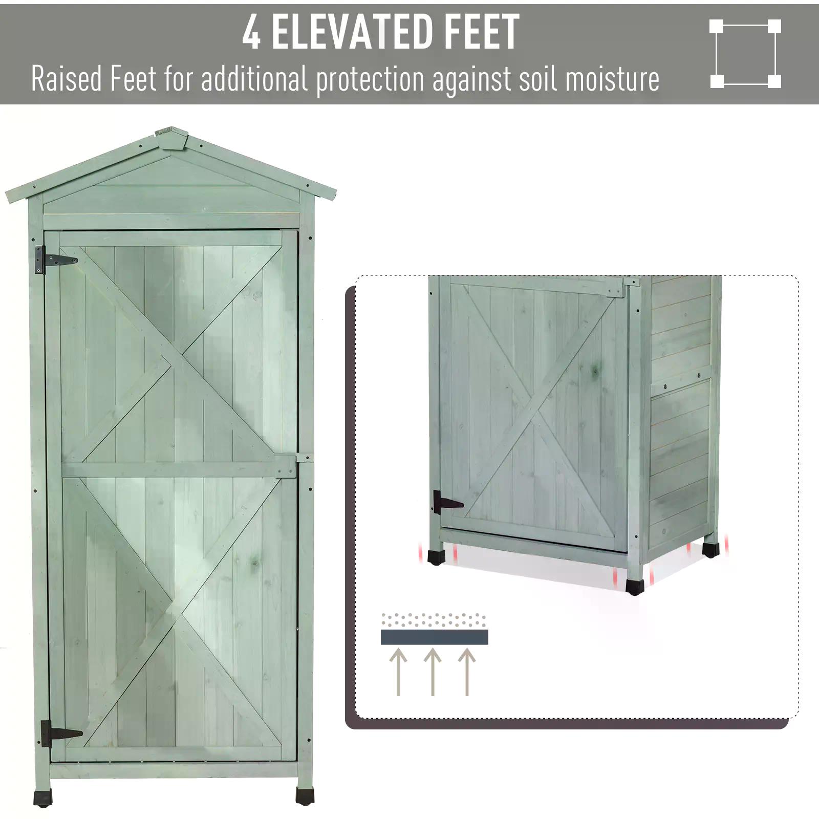Outsunny Wooden Garden Cabinet 3-Tier Storage Shed 2 Shelves Lockable Organizer with Hooks Foot Pad 74 x 55 x 155cm Green