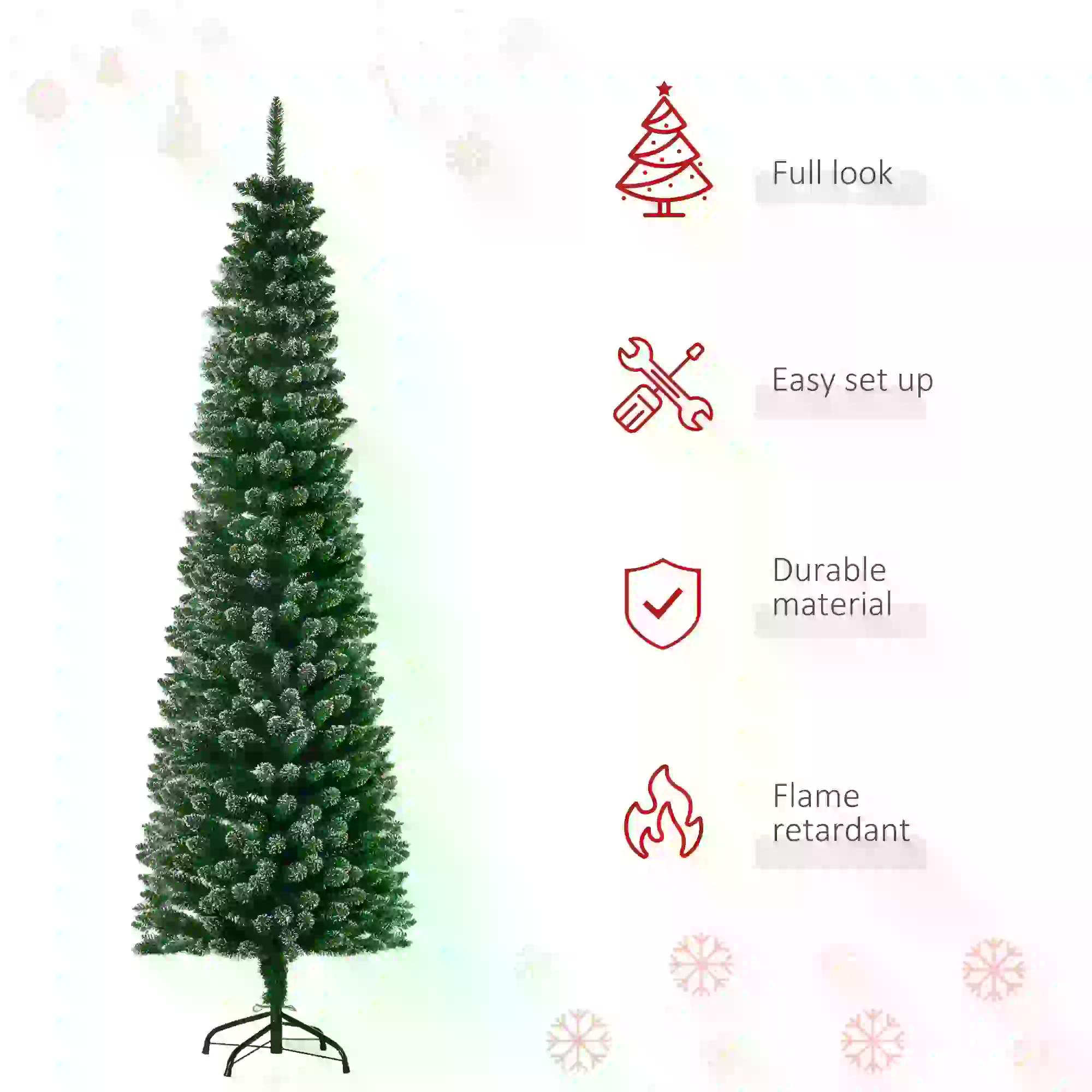 HOMCOM 6.5FT Artificial Snow Dipped Christmas Tree Xmas Pencil Tree Holiday Home Indoor Decoration with Foldable Black Stand, Green