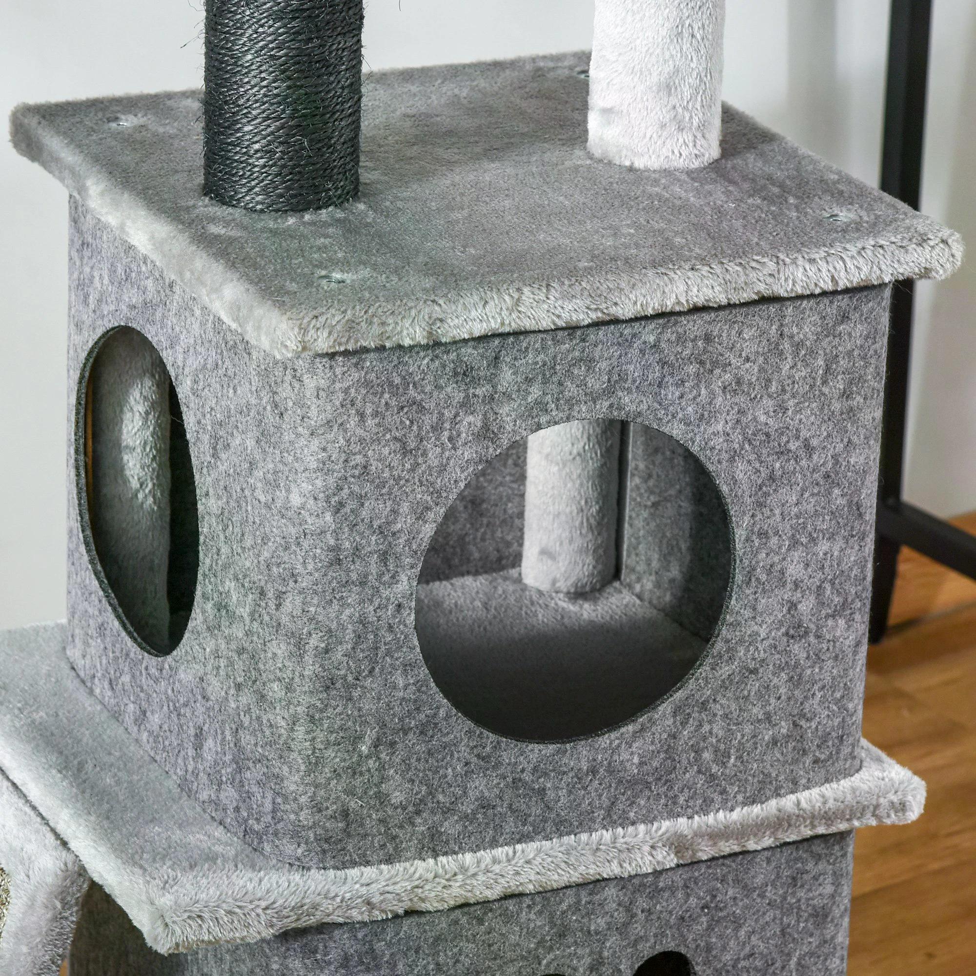 PawHut Cat Climbing Tree 255cm Adjustable Kitty Activity Centre Floor-to-Ceiling Climber with Double Condo, Play Rest Post, Light Grey