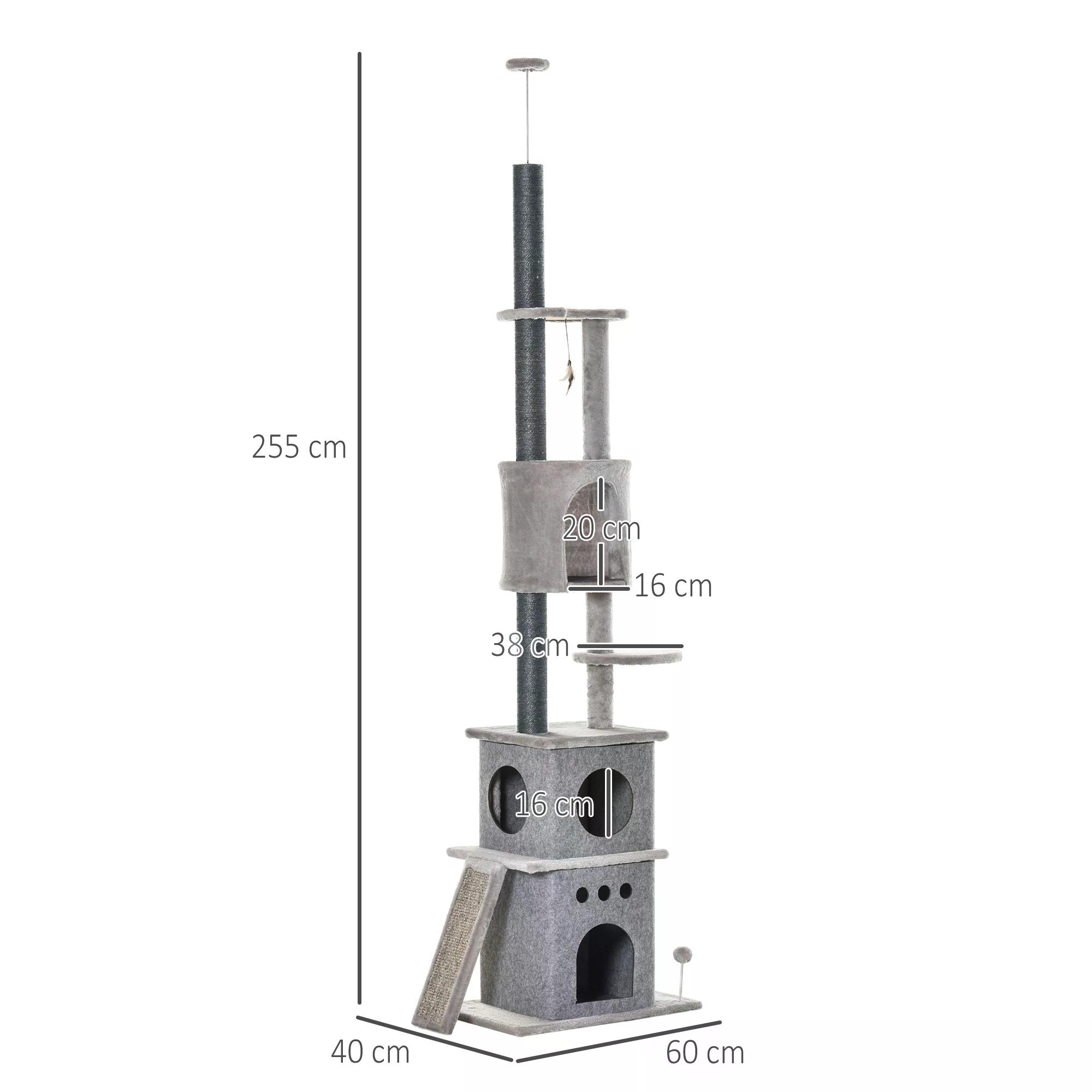 PawHut Cat Climbing Tree 255cm Adjustable Kitty Activity Centre Floor-to-Ceiling Climber with Double Condo, Play Rest Post, Light Grey