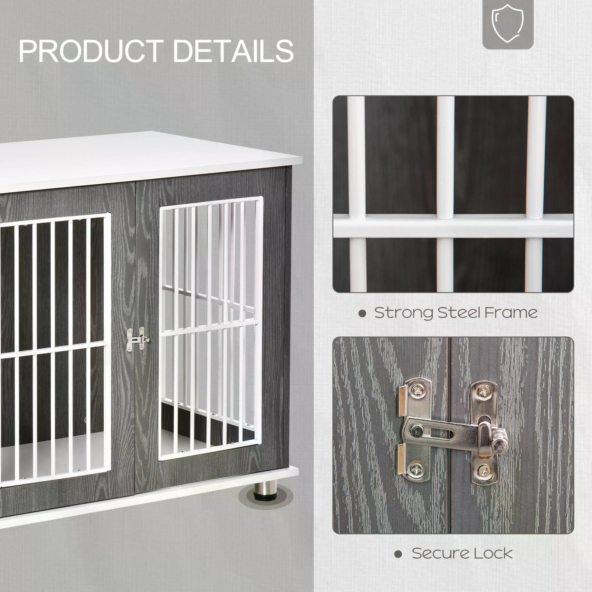 PawHut Dog Crate, Wooden Pet Kennel Cage with Lockable Door and Adjustable Foot Pads, Modern Design, Grey and White