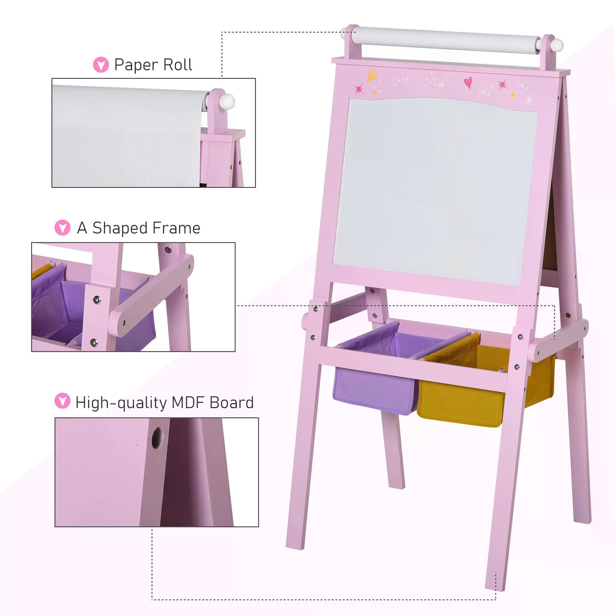 HOMCOM 3 In 1 Kids Wooden Art Easel with Paper Roll Double-Sided Chalkboard & Whiteboard with Storage Baskets Gift for Toddler Girl Age 3 Years+ Pink