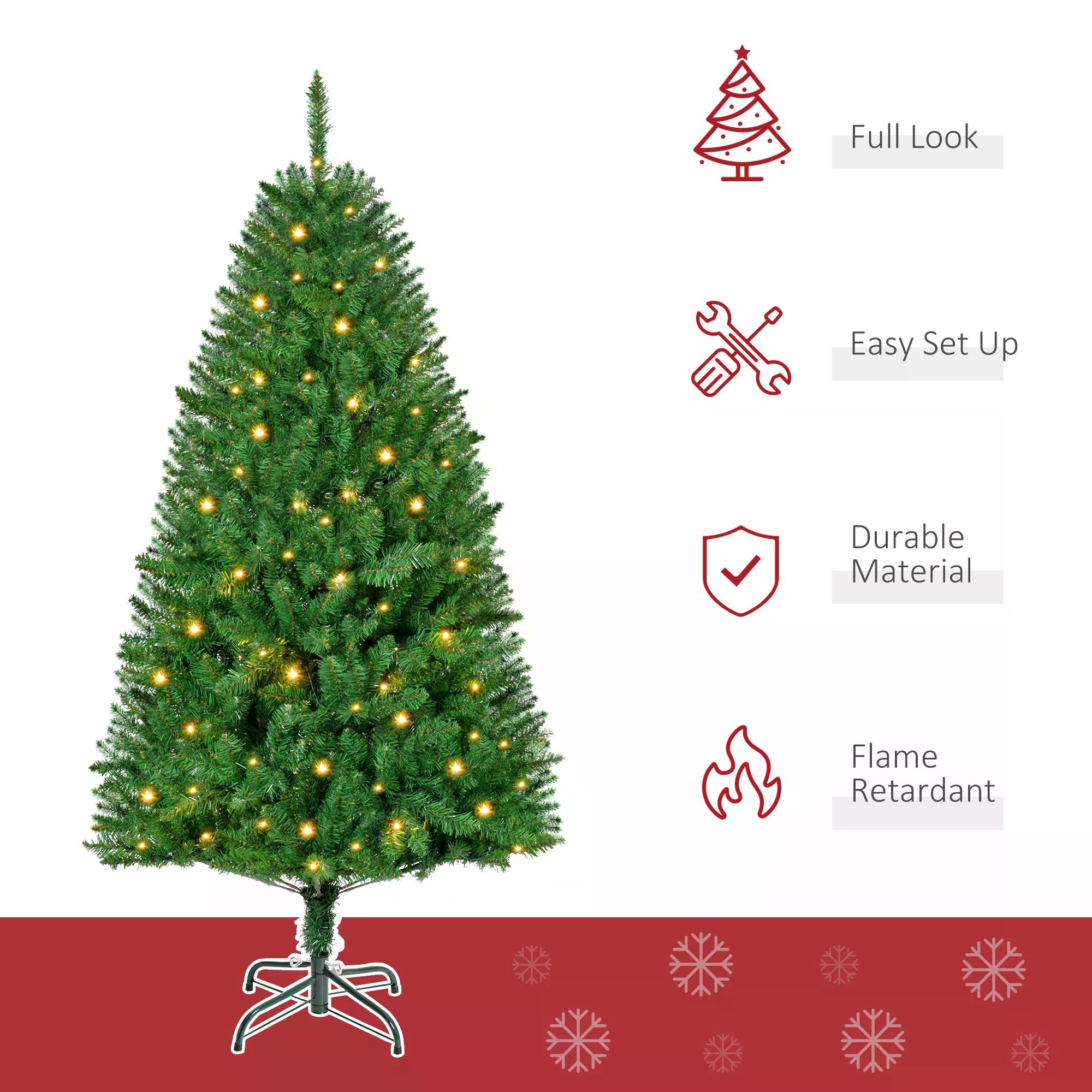 HOMCOM 5ft Prelit Christmas Tree Artificial Tree Warm White LED Light Holiday Home Xmas Decoration, Green