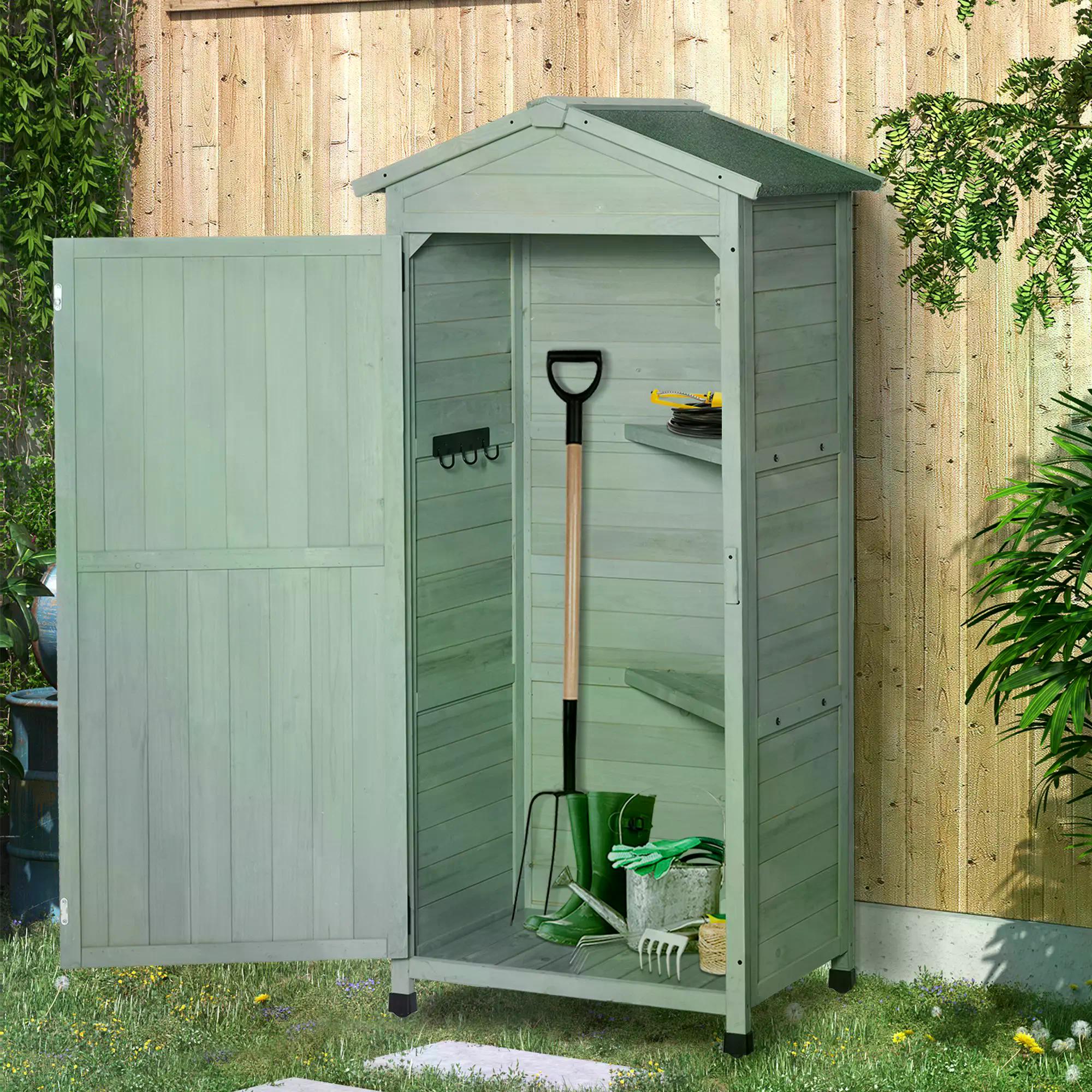 Outsunny Wooden Garden Cabinet 3-Tier Storage Shed 2 Shelves Lockable Organizer with Hooks Foot Pad 74 x 55 x 155cm Green