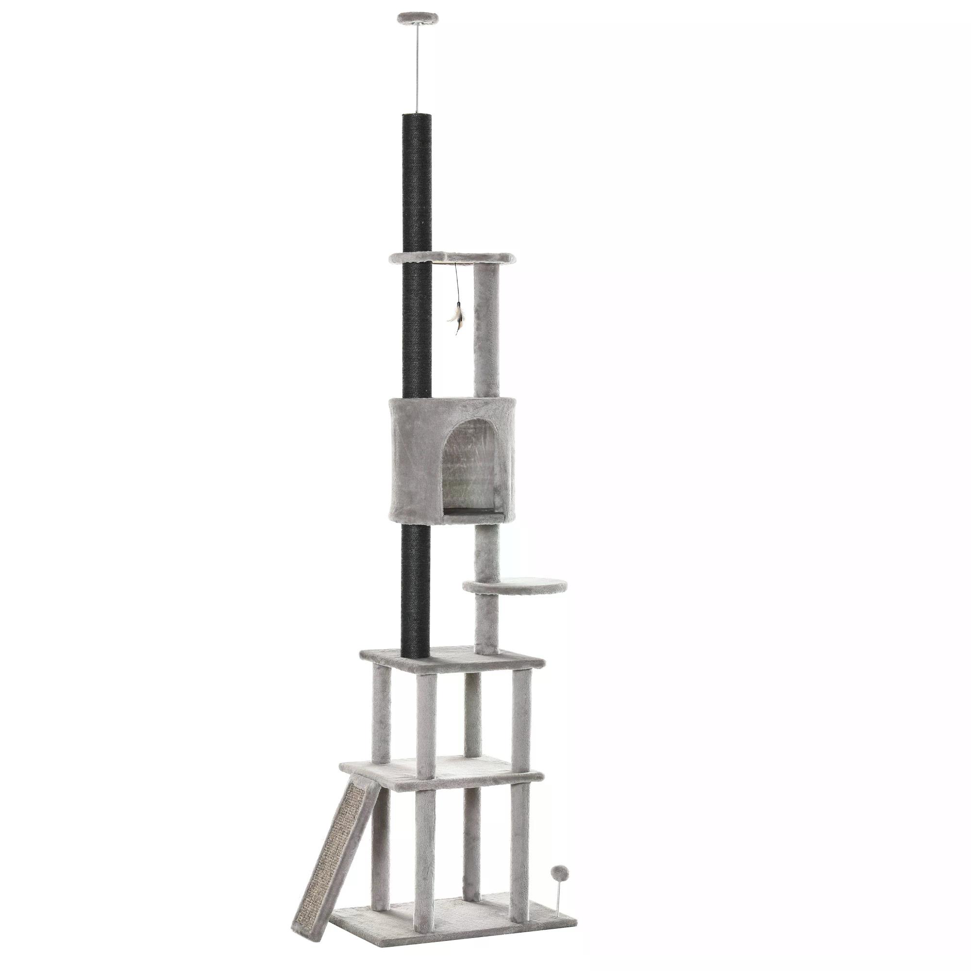 PawHut Cat Climbing Tree 255cm Adjustable Kitty Activity Centre Floor-to-Ceiling Climber with Double Condo, Play Rest Post, Light Grey