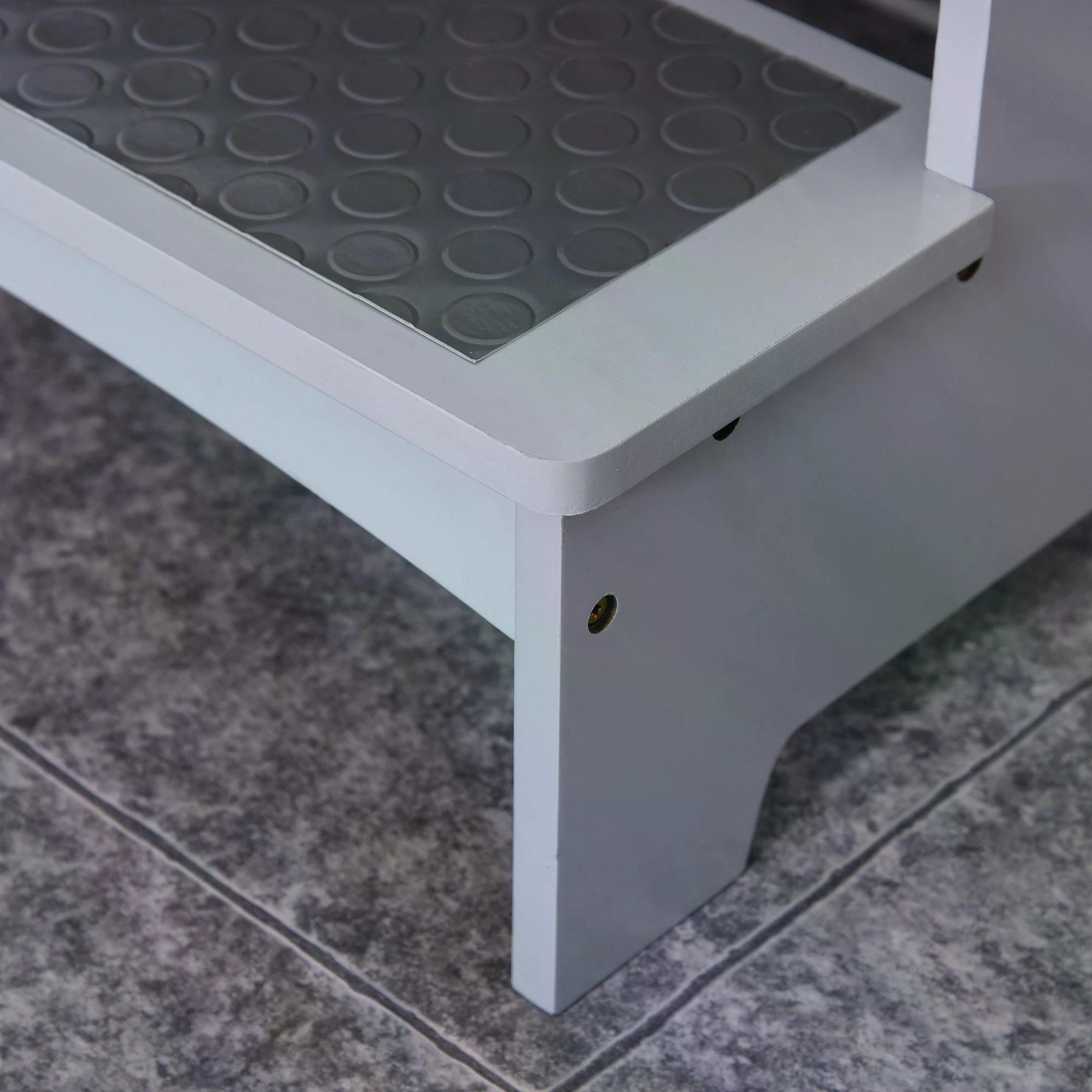 HOMCOM Kids Wooden Step Stool Kitchen Helper w/ Non-Slip Panels Handles Child Toddler Home Help 3 - 8 Yrs Grey