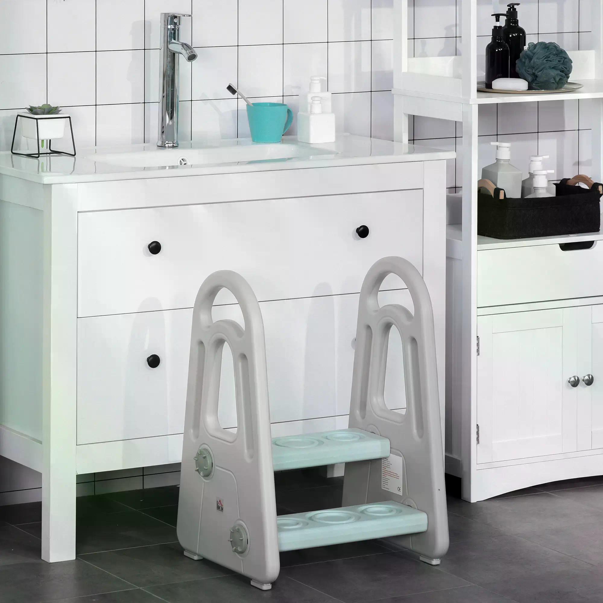 HOMCOM Two Step Stool for Kids Toddlers Ladder or Toilet Potty Training Bathroom Sink Bedroom Kitchen Helper with Non-slip Handle and Feet Pad