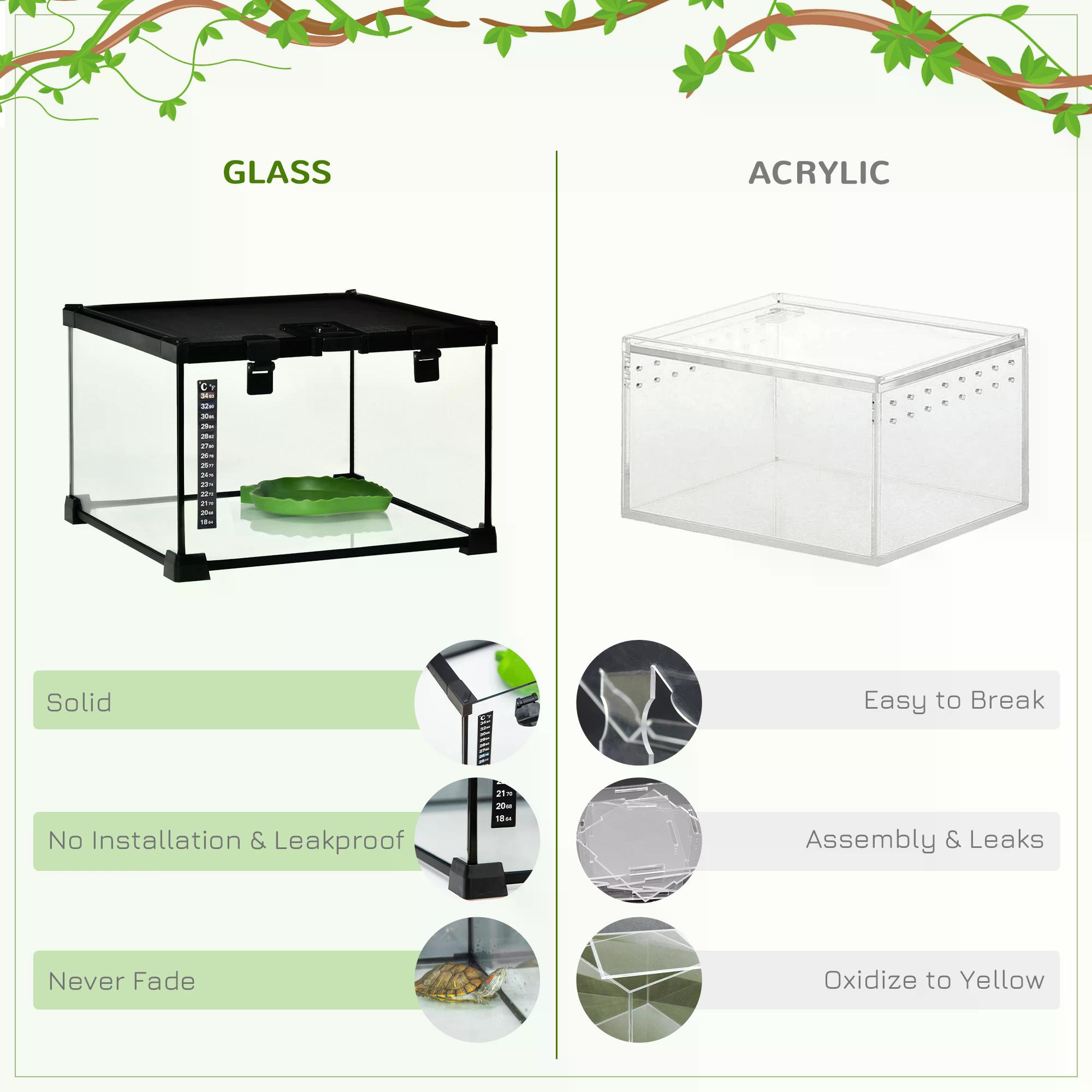 PawHut 30 x 30 x 20 cm Reptile Glass Terrarium, Reptile Breeding Tank, Climbing pet Glass Containers, Arboreal Box, with Strip Patch Thermometer-Black