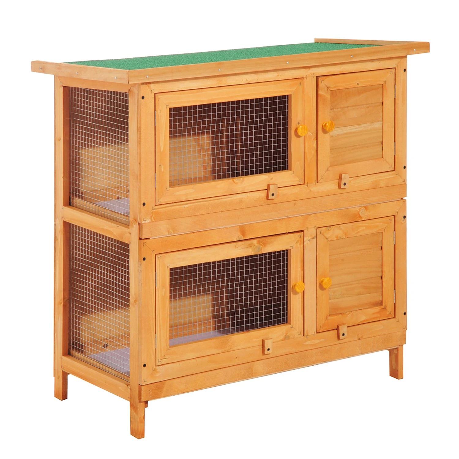 PawHut Coelheira de Madeira Exterior de 2 Níveis Gaiola para 1-2 Coelhos Animais Pequenos com Teto Asfáltico Dobrável e 2 Bandejas Removíveis 90x45x90cm Madeira