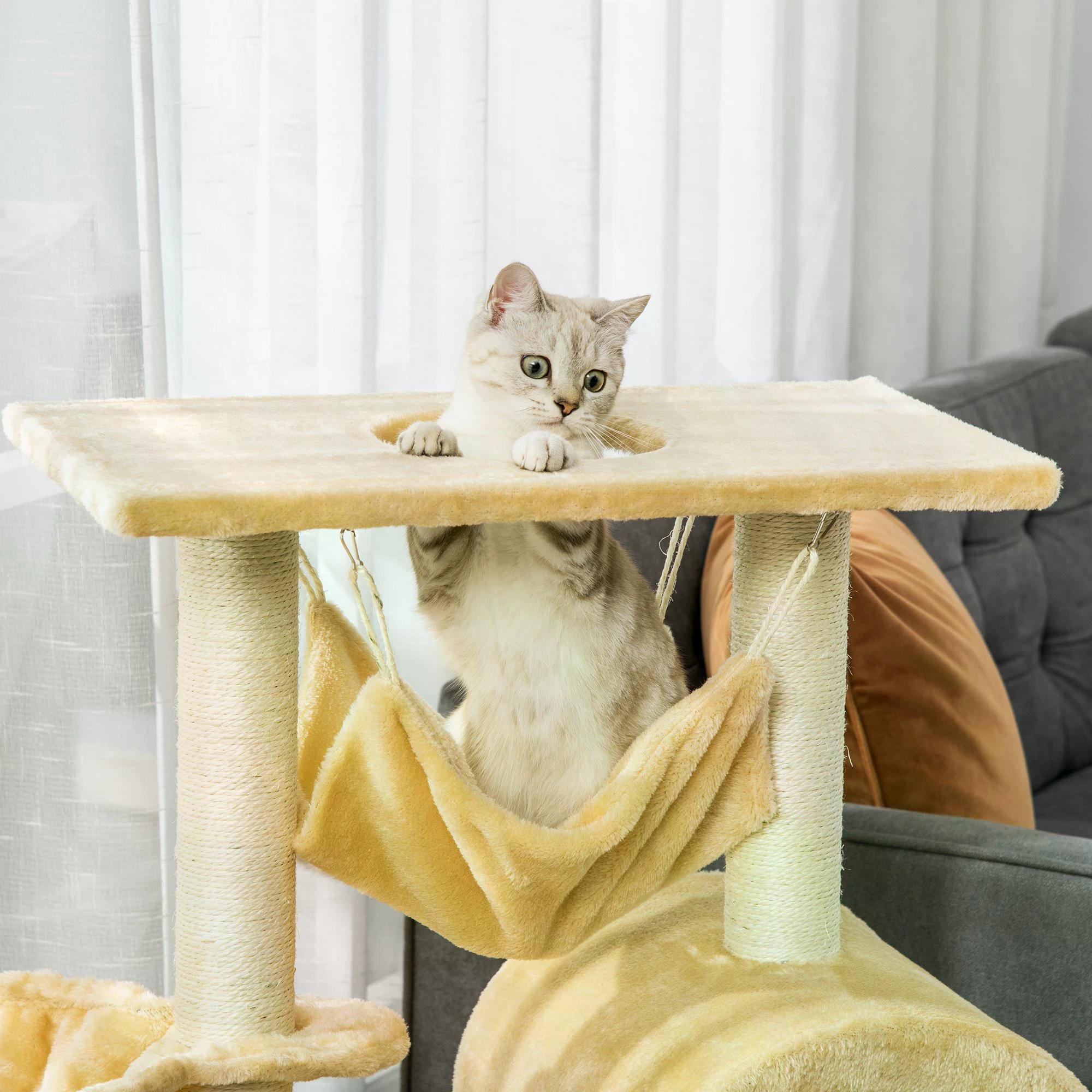 PawHut Cat Tree with Scratching Post, Hammock, Condo, Basket, Ladder Activity Centre for Kittens, 98 cm, Beige