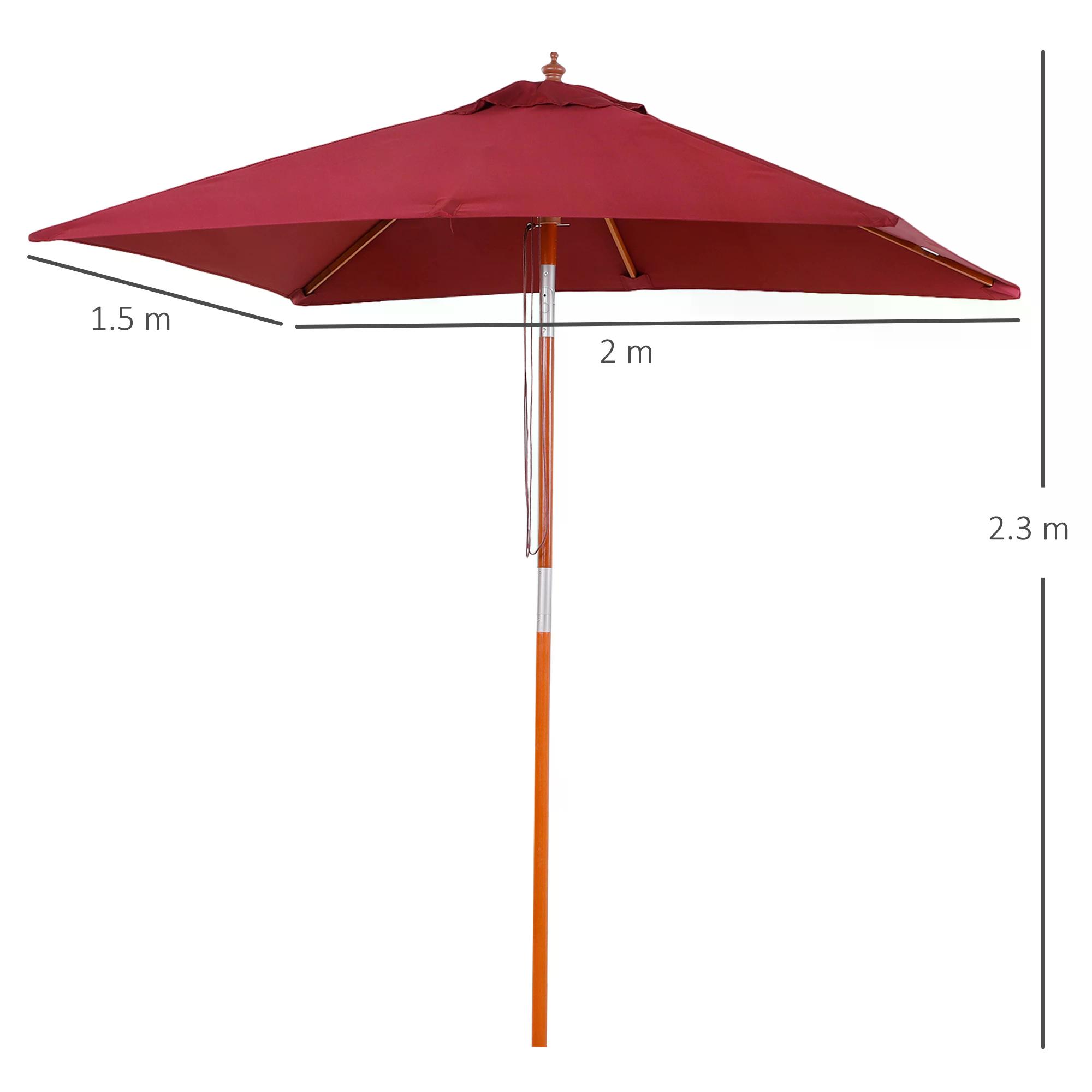 Outsunny 2 x 1.5m Patio Garden Parasol Sun Umbrella Sunshade Canopy Outdoor Backyard Furniture Fir Wooden Pole 6 Ribs Tilt Mechanism - Wine Red