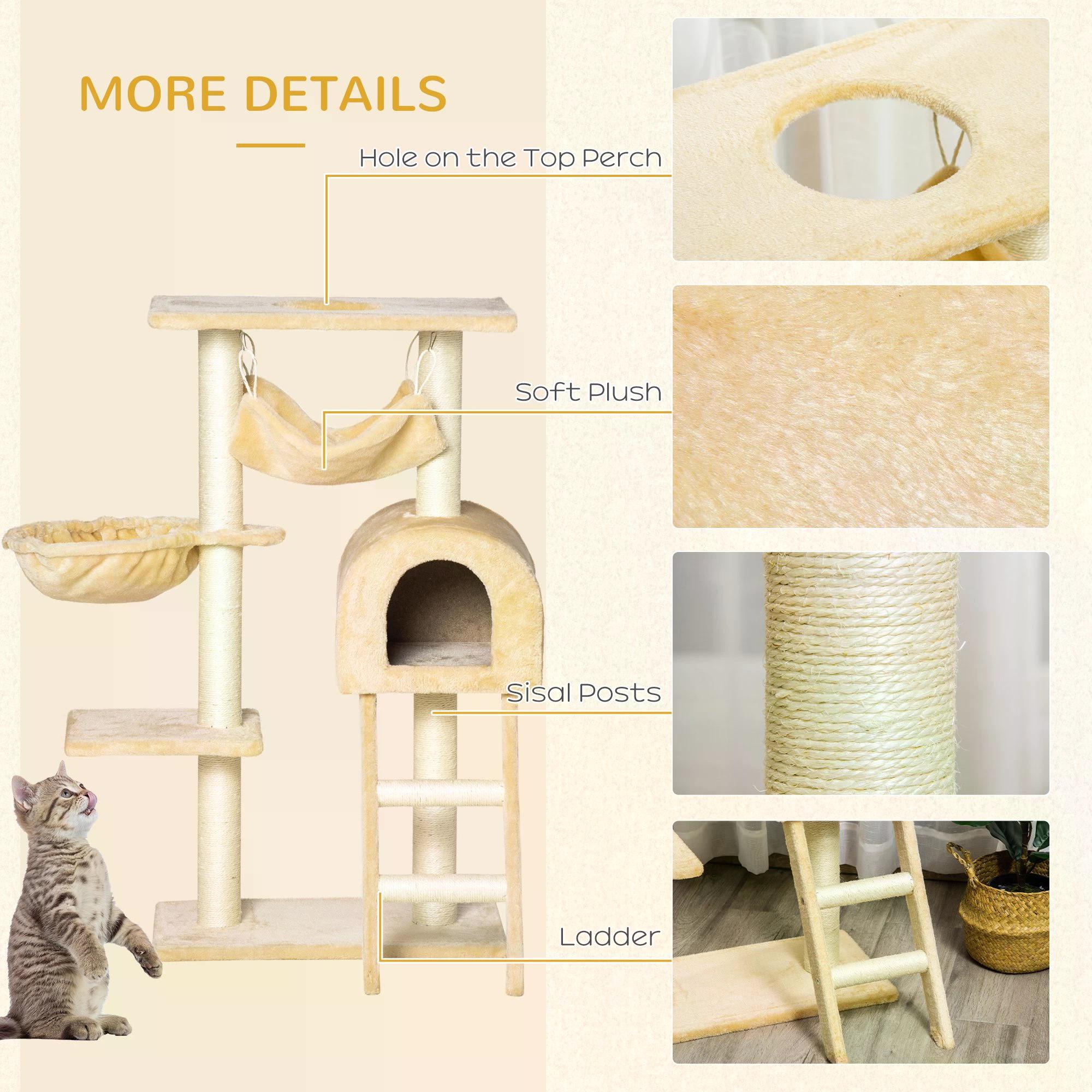 PawHut Cat Tree with Scratching Post, Hammock, Condo, Basket, Ladder Activity Centre for Kittens, 98 cm, Beige