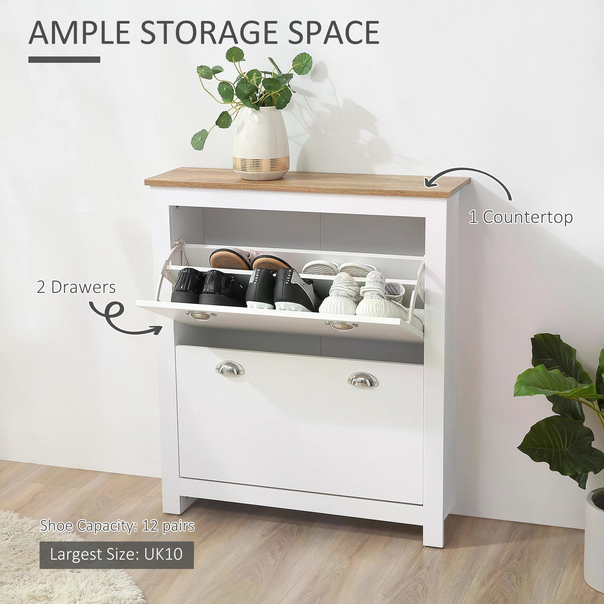 HOMCOM Compact 2 Drawer Shoe Storage Cabinet, Modern Hallway Organiser, Wooden, with Flip Doors & Adjustable Shelf, Holds 12 Pairs, White