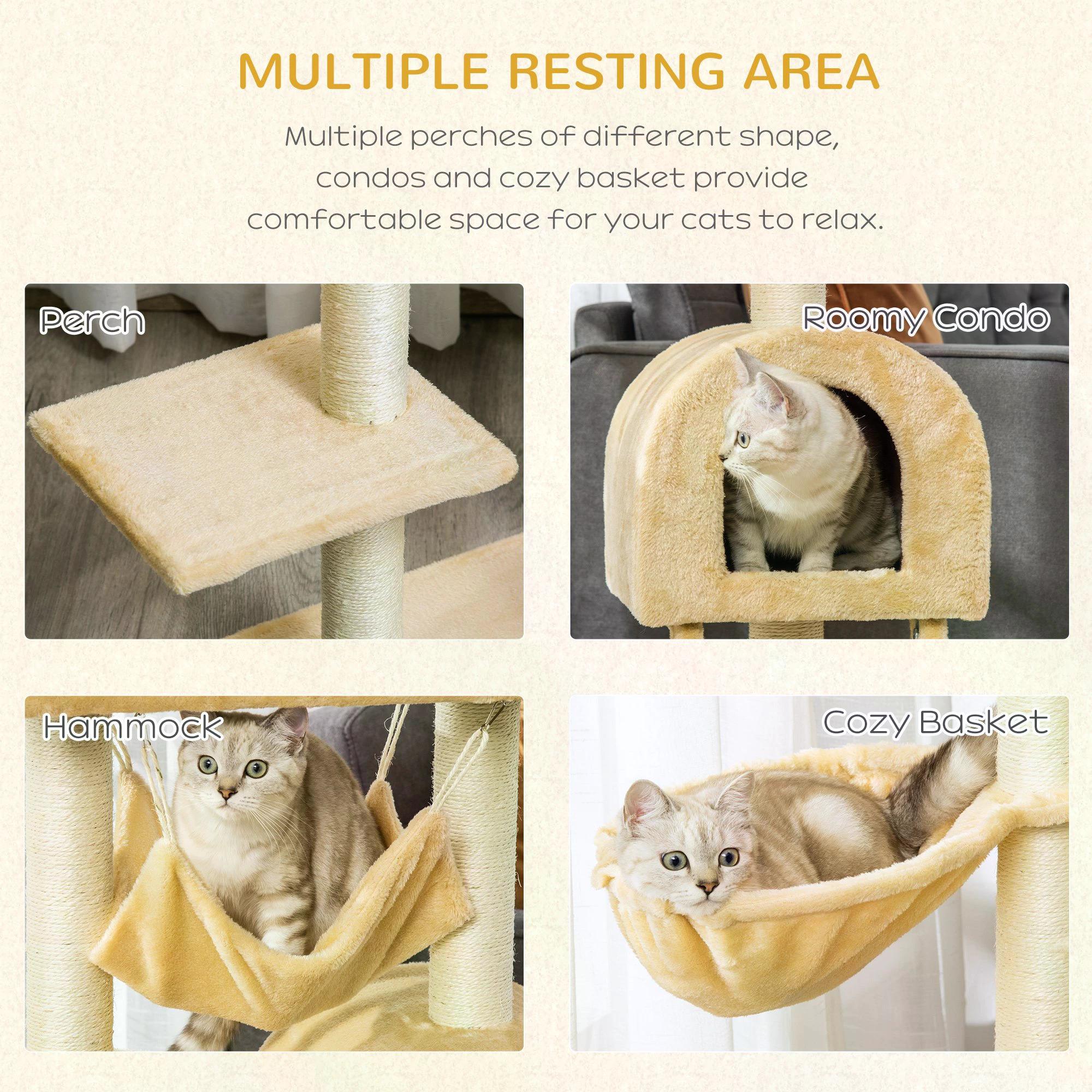 PawHut Cat Tree with Scratching Post, Hammock, Condo, Basket, Ladder Activity Centre for Kittens, 98 cm, Beige