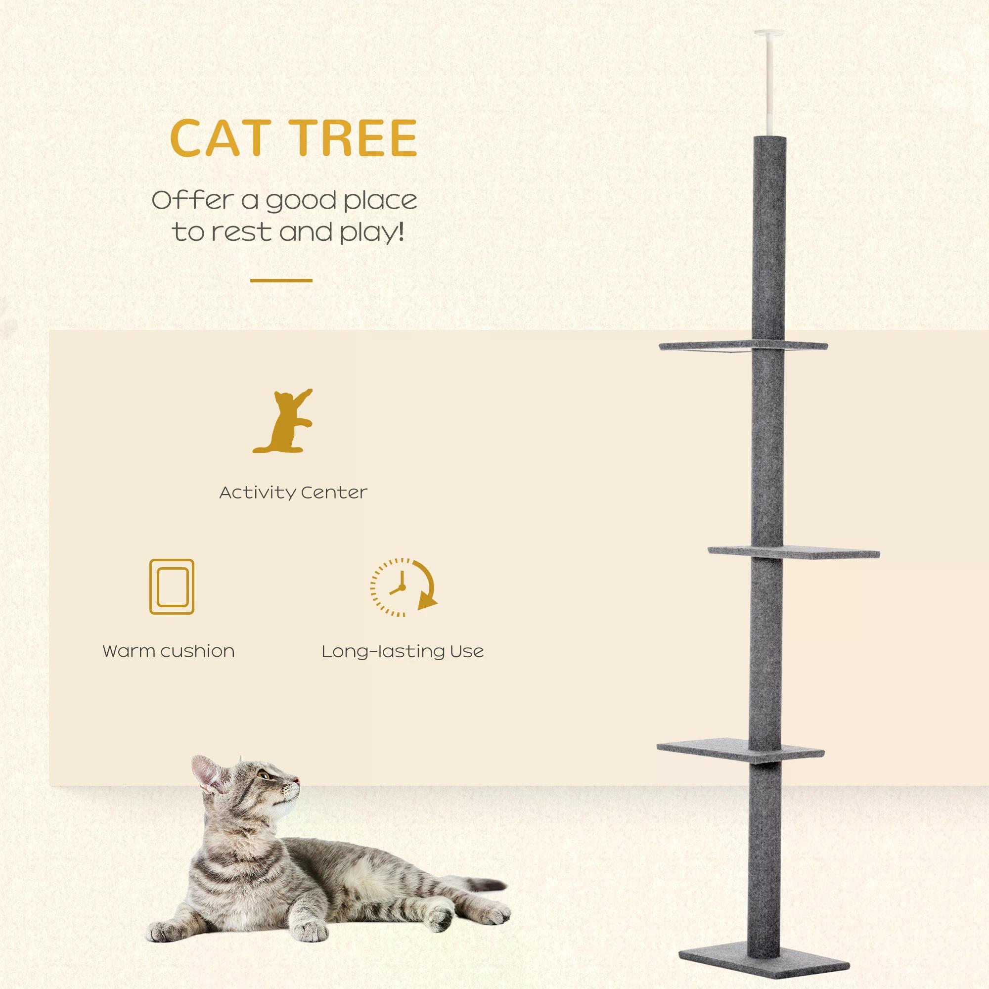 PawHut Cat Tree Tower, Floor to Ceiling with 3 Perches, Scratching Posts, Activity Centre for Kittens, Grey