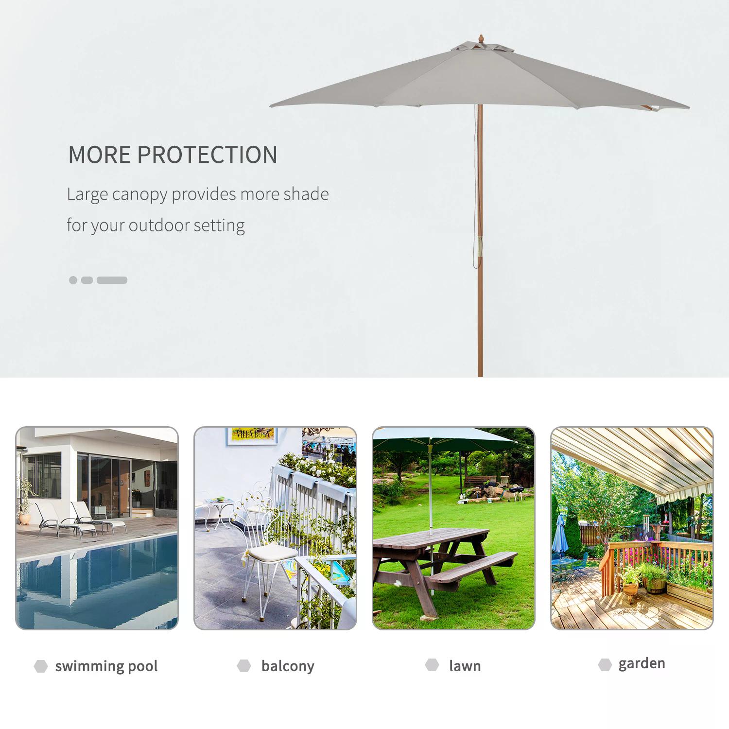 Outsunny 3m Fir Wooden Garden Parasol Bamboo Sun Shade Patio Outdoor Umbrella Canopy, Grey
