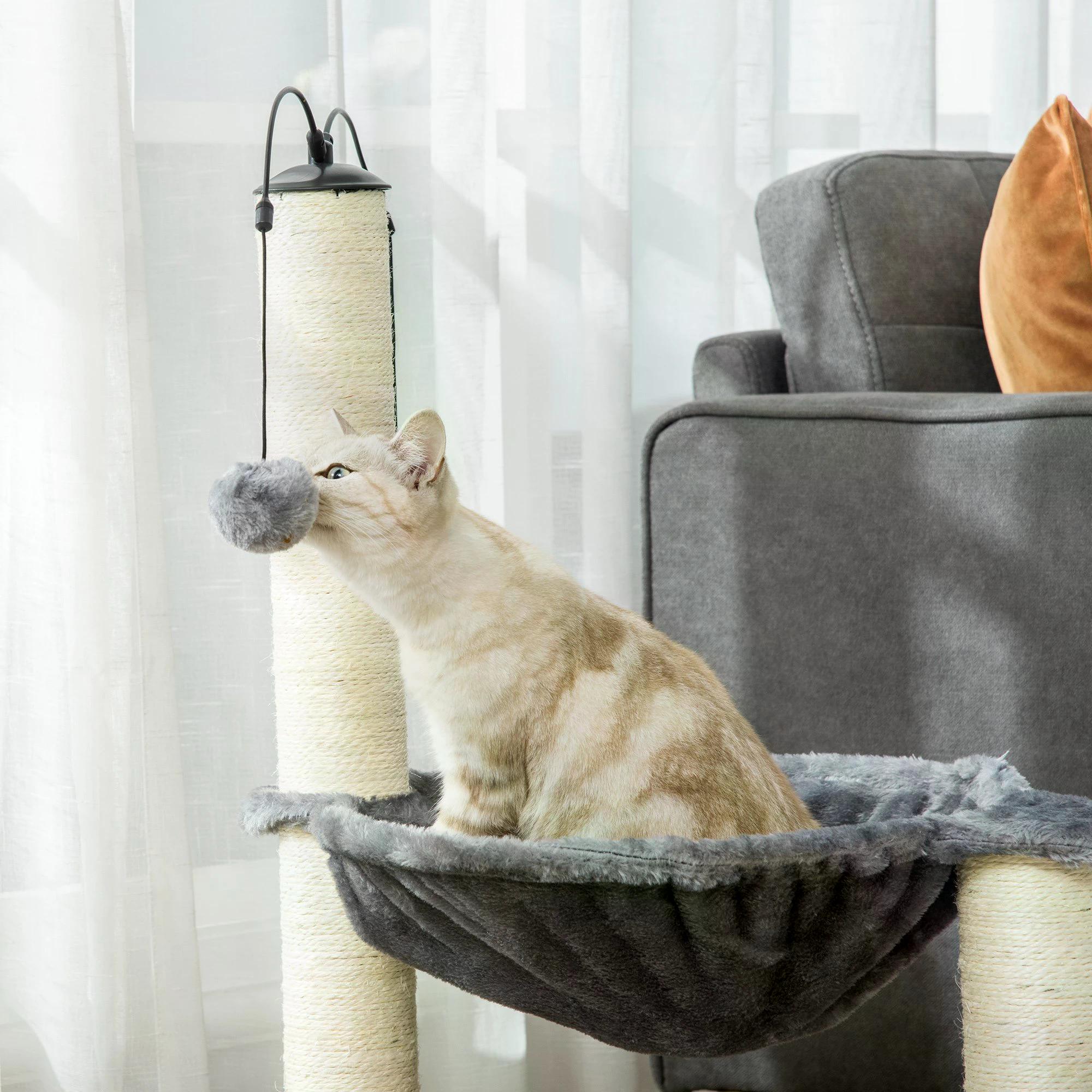PawHut 83cm Cat Tree Tower with Sisal Scratching Post Hammock Interactive Ball Toy Kitten Play House Activity Center Furniture Grey