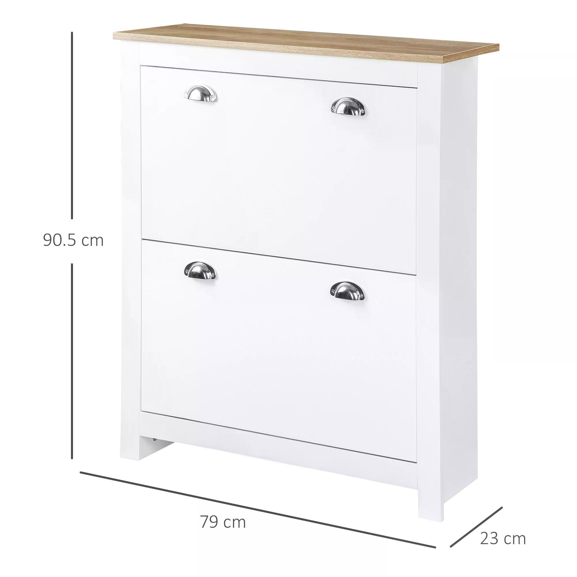 HOMCOM Compact 2 Drawer Shoe Storage Cabinet, Modern Hallway Organiser, Wooden, with Flip Doors & Adjustable Shelf, Holds 12 Pairs, White