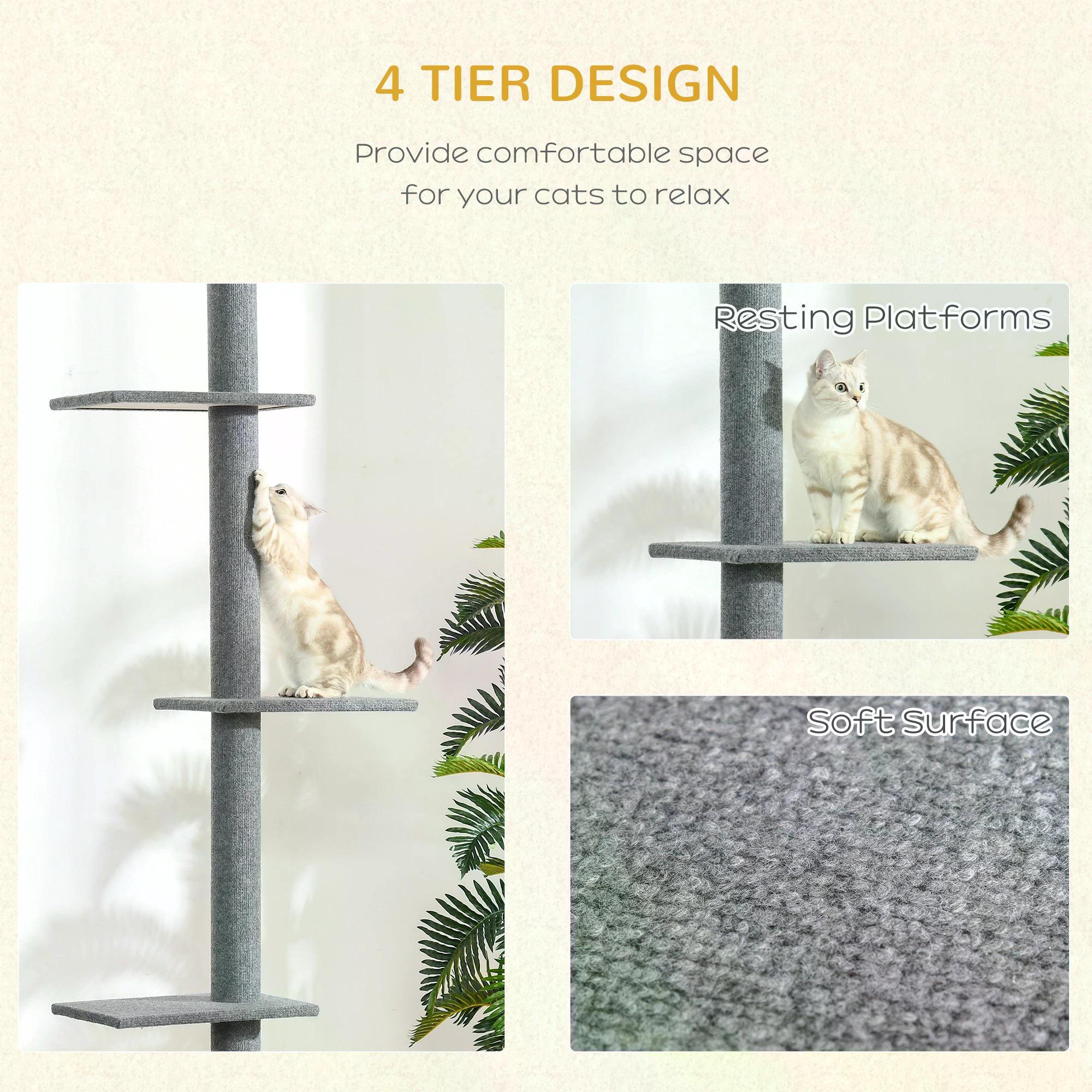 PawHut Cat Tree Tower, Floor to Ceiling with 3 Perches, Scratching Posts, Activity Centre for Kittens, Grey