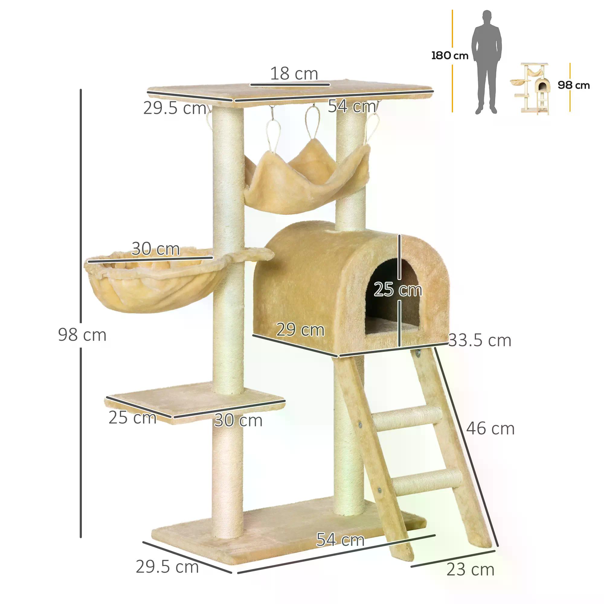 PawHut Cat Tree with Scratching Post, Hammock, Condo, Basket, Ladder Activity Centre for Kittens, 98 cm, Beige