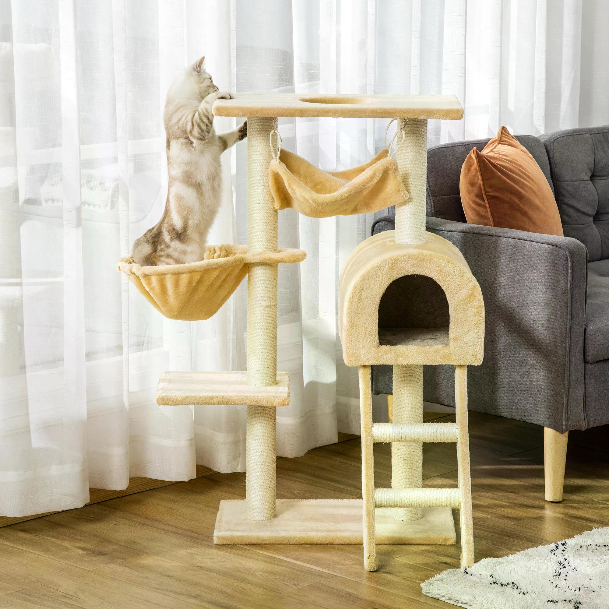 PawHut Cat Tree with Scratching Post, Hammock, Condo, Basket, Ladder Activity Centre for Kittens, 98 cm, Beige