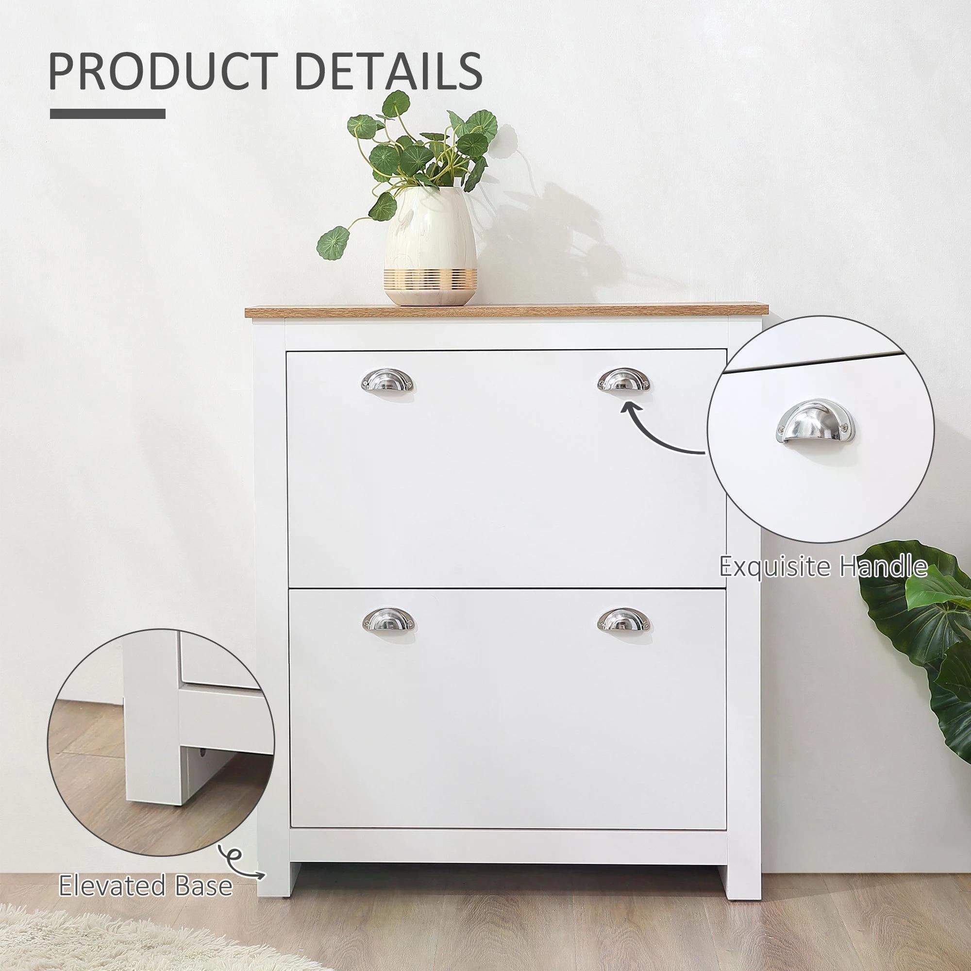 HOMCOM Compact 2 Drawer Shoe Storage Cabinet, Modern Hallway Organiser, Wooden, with Flip Doors & Adjustable Shelf, Holds 12 Pairs, White